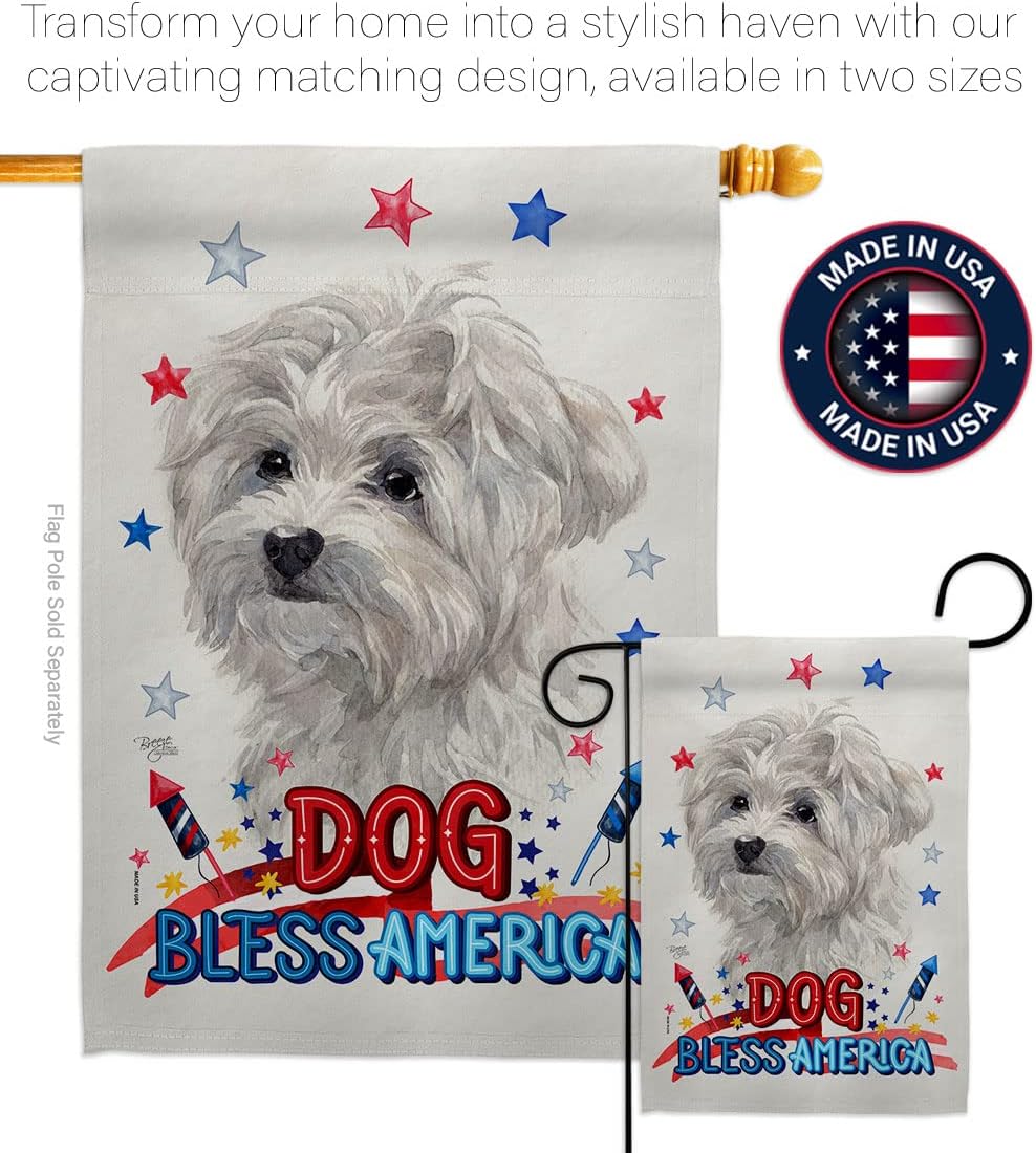 Breeze Decor Patriotic Maltese House Flag Dowel Set Dog Puppy Spoiled Paw Canine Fur Pet Nature Farm Animal Creature Decoration Banner Small Garden Yard Gift Double-Sided, Made in USA