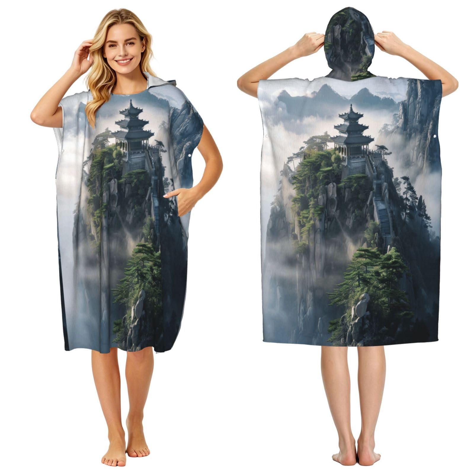 DTHKJNLSF Mountain Temple Adult Hooded Beach Poncho Towel