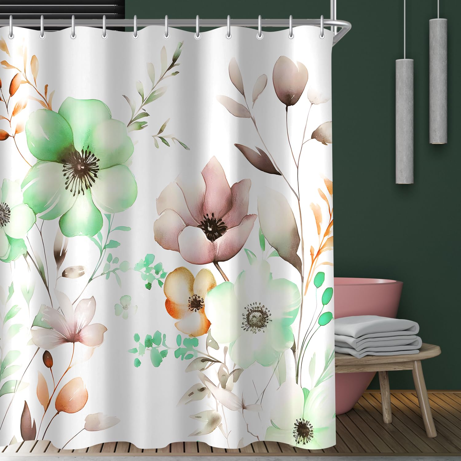 Lerores Shower Curtain 180 x 180 cm, Flowers Drawing, Anti-Mould Textile, Weighted Hem, Water-Repellent