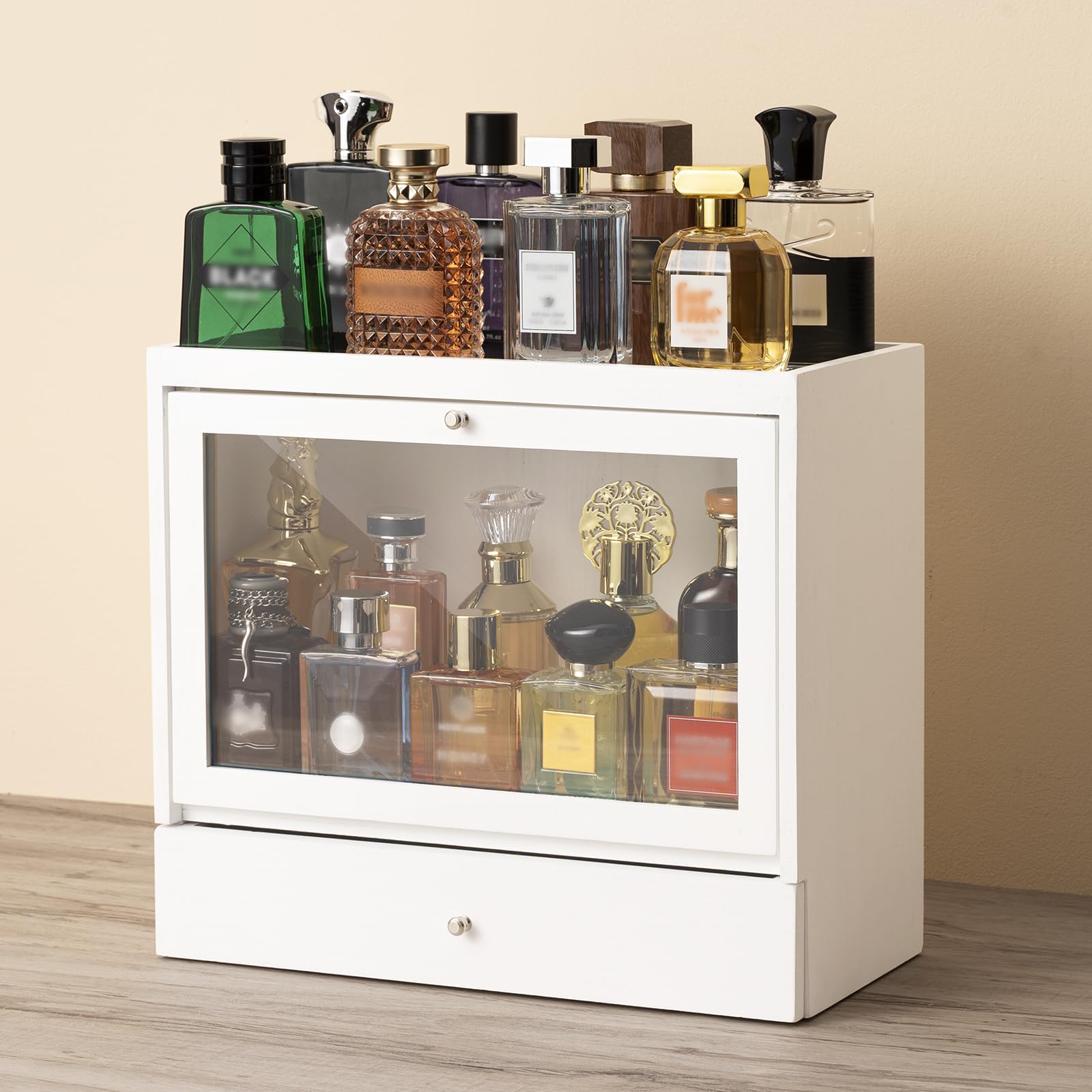 Soporte de colonia, organizador de perfume de madera maciza para hombre, organizador de perfume a prueba de polvo de gran capacidad con cajón de almacenamiento de perfumes, joyas y cosméticos