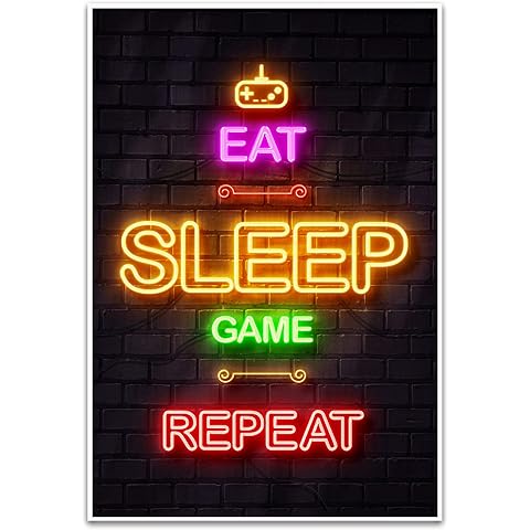 LIFVEAN Gaming Posters for Boys Room - Boys Wall Art Gamer Decorations for Bedroom - Video Game Black Light Posters - Gaming Room Decor - Canvas Gamer Wall Art - 12x18in Unframed - Eat Sleep Game Repeat