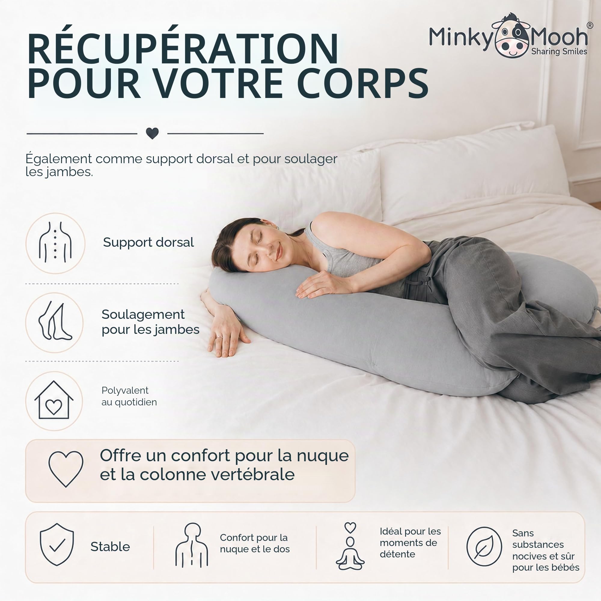 Coussin d'allaitement XXL en Coton Biologique avec Rembourrage en kapok | Coussin de Grossesse Coussin pour Le Sommeil latéral | Anti-Allergique et Silencieux | 190x30 cm, Gris
