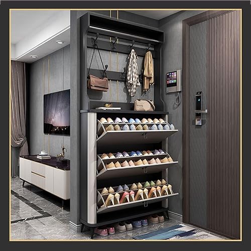 Miniatura 2 de Zapatero estrecho con 3 puertas abatibles y estante ajustable, zapatero moderno para entrada, pasillo, dormitorio (color blanco, tamaño 27.6 x 9.4 x