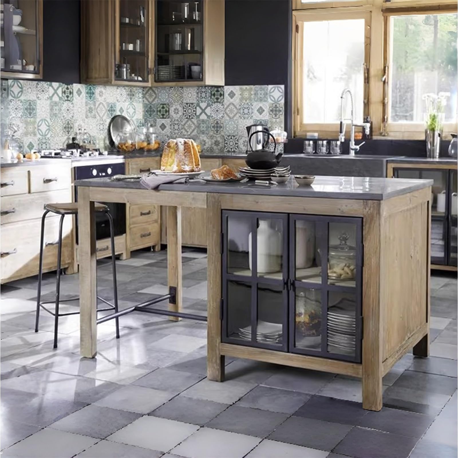 Isola da cucina con piano in pietra, tavolo da preparazione indipendente e mobiletto portaoggetti, elegante soluzione di archiviazione per chef domestici e intrattenimento