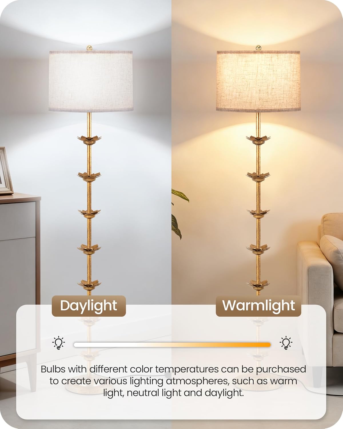 63.8” Floor Lamp with Landen Leaf, Antique Gold Standing Lamp with Foot Switch, Metal, Beige Linen Drum-Shaped Shade, Bulb Not Included, for Bedroom, Living Room D20LD05