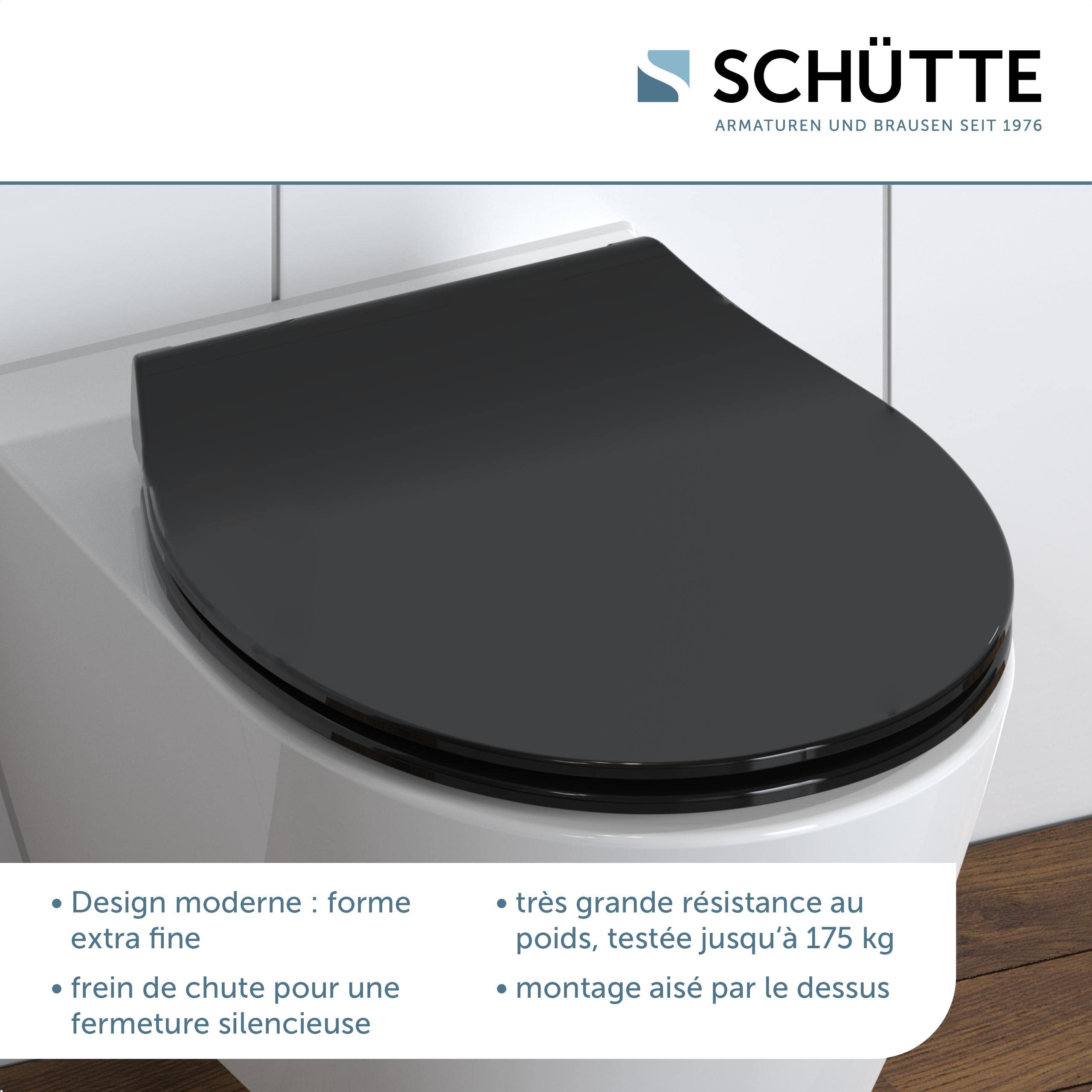 Schütte SLIM BLACK 82710, Abattant WC en Duroplast avec système d'abaissement automatique et fonction détachable, compatible avec la majorité des cuvettes WC, Noir