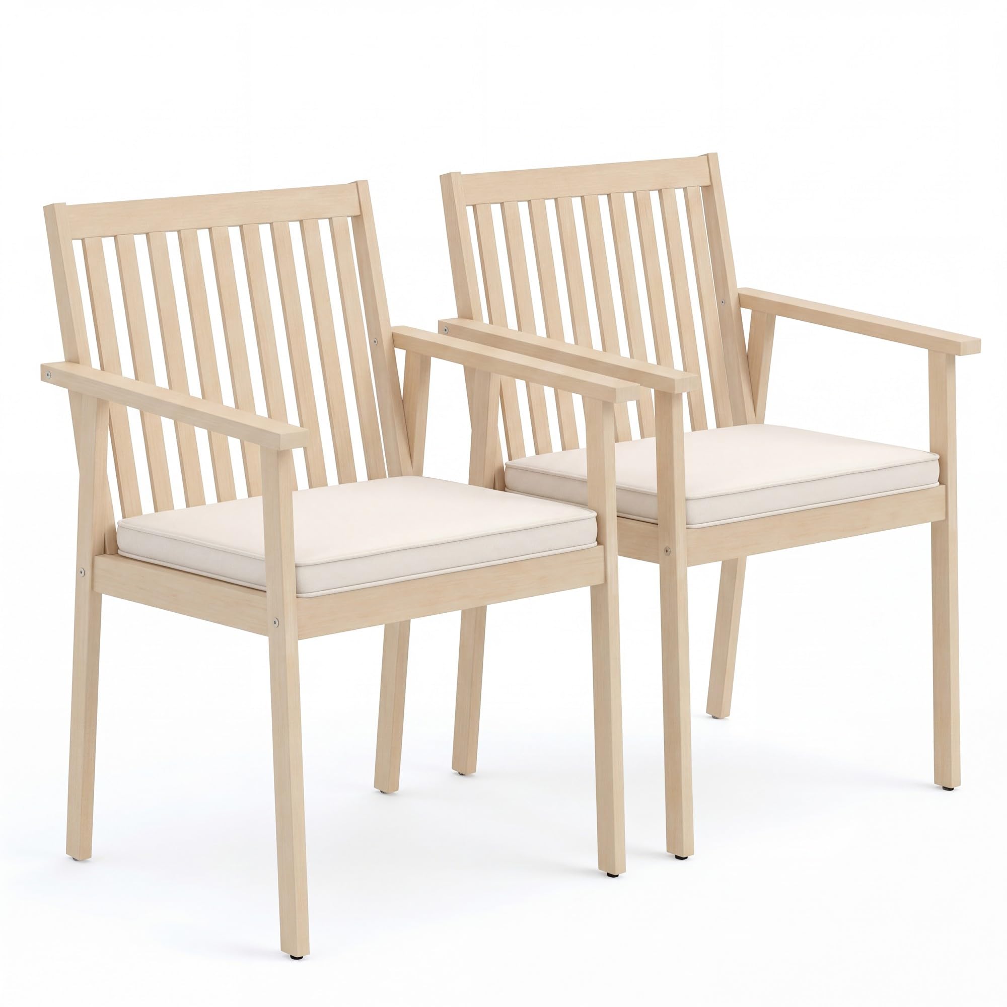 GIANTEX Juego de 2 sillas de comedor de madera de acacia con cojín acolchado, reposabrazos y patas ajustables, silla de cocina de hasta 180 kg, para patio, terraza, 64 x 59 x 86 cm (beige)