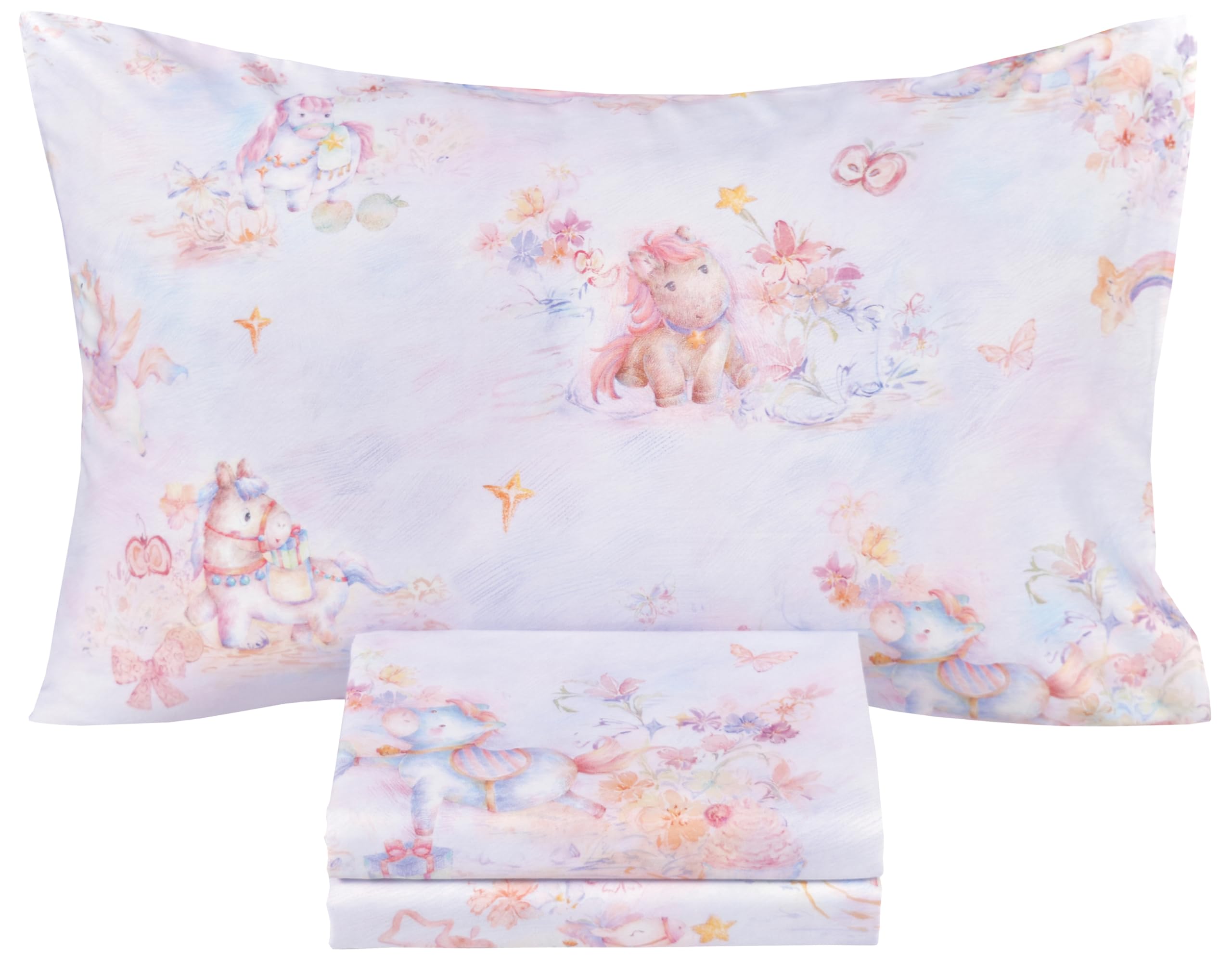 Scientific Sleep Pastel Unicorn Pony Horse Flower Fairy Tale Cute Adorable Colourful 100% Cotton Bed Sheet Set Kids Girls Junior, Flat Sheet &amp; Fitted Sheet &amp; Pillowcase Bedding Set (Pretty Pony, Twin)