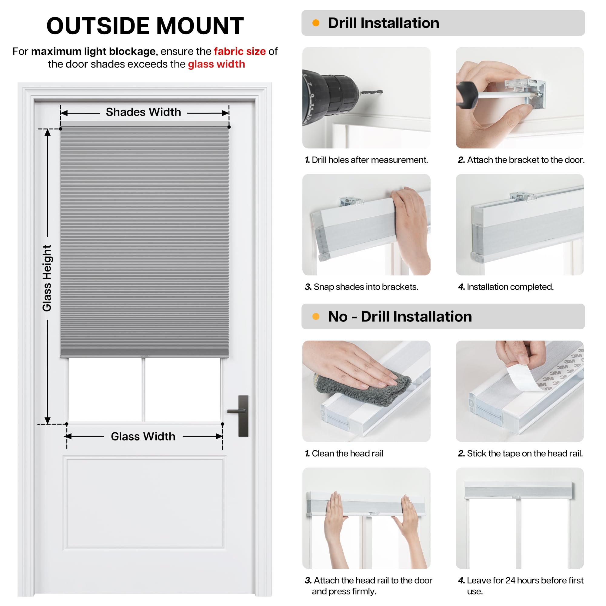 LazBlinds Persianas celulares sin cordón para puertas francesas, persianas de puerta francesas sin taladro para privacidad, persianas de panal filtrantes de luz para puerta delantera, patio, puerta