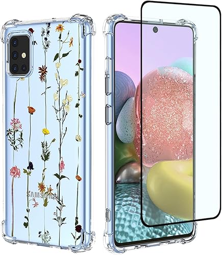 Funda para Galaxy A71 4G, Samsung A71 4G SM-A715F con protector de pantalla, funda transparente con patrones de jardín de flores, funda protectora