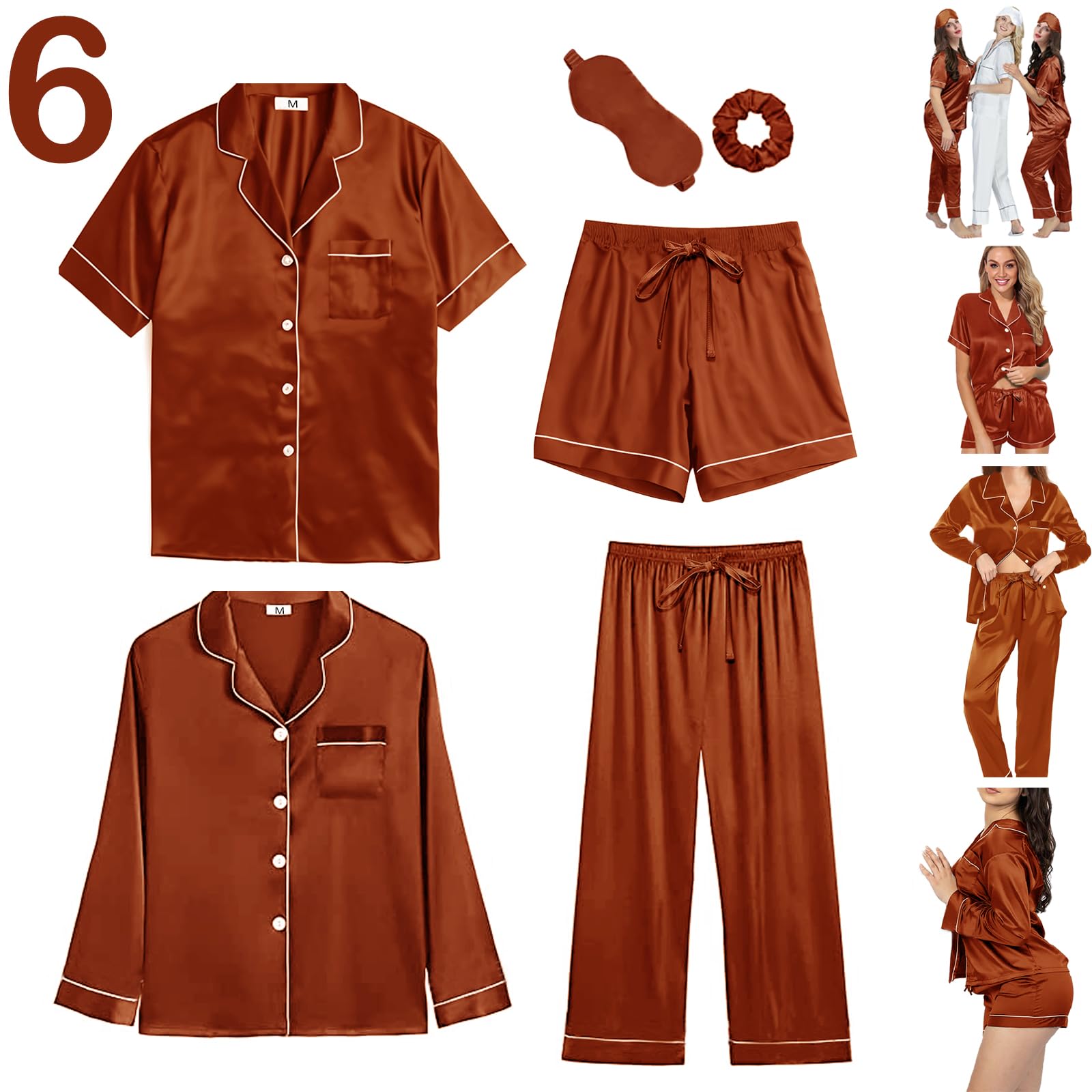 Y Wjing Yi Jia Women's Maple 6Pcs Silk Satin Pyjama Sets Pyjamas Set Pjs Set Button Down Pj Sets Sleepwear Loungewear