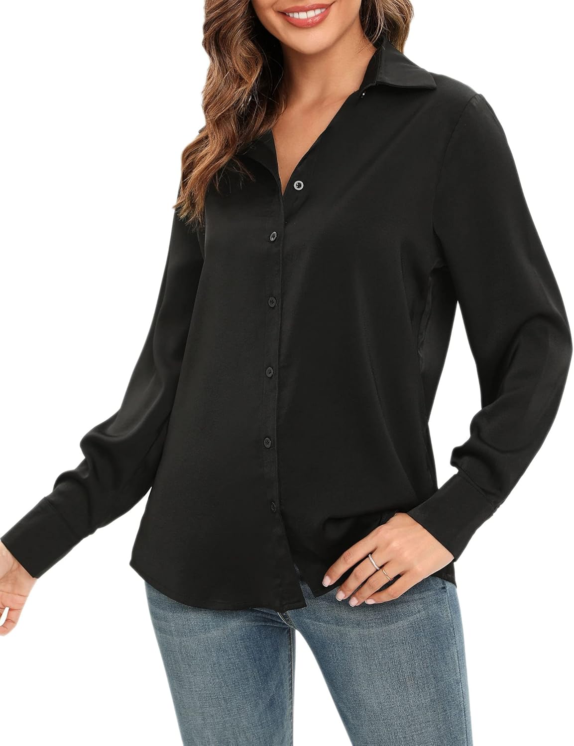 LUSMAY Women's Silky Satin Blouses Elegant Long Sleeve Button Down Collared Office Work Shirts Tops - Image 5