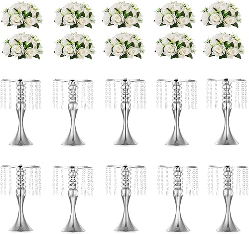 10 jarrones plateados para centros de mesa, soporte de arreglo floral de cristal de 13.8 pulgadas, centros de mesa de boda para mesas, soportes de