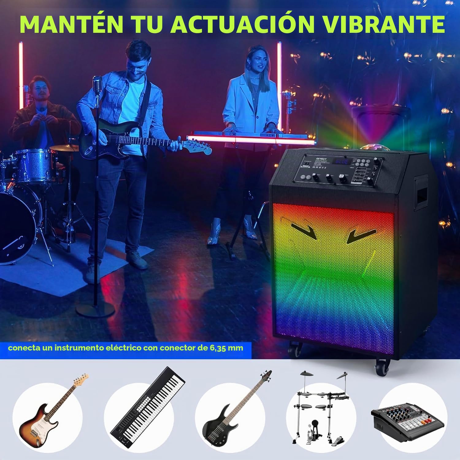 Máquina de Karaoke Portátil, Altavoz Karaoke con 2 Micrófonos, Altavoz Bluetooth, Soporte para Tableta, Luces de Discoteca, Control Remoto, diseño Exclusivo, Ruedas GTSK10-4