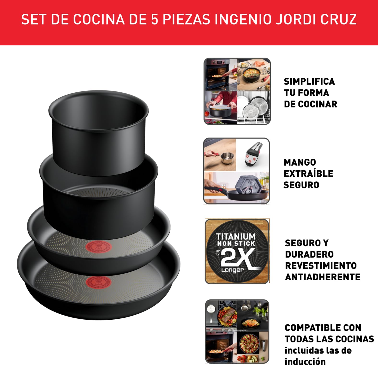 Tefal Ingenio Jordi Cruz - Juego de 2 Sartenes 22/26 cm + 2 Cazos 16/20 cm + Mango extraíble | Apto inducción, antiadherentes, revestimiento de titanio, apilables, apto lavavajillas y horno
