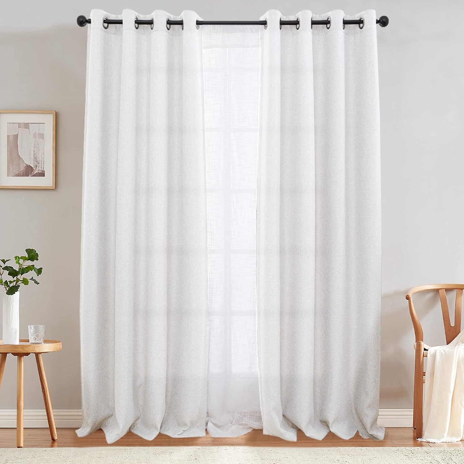 jinchan White Linen Textured Curtains 96 Inches Long Light