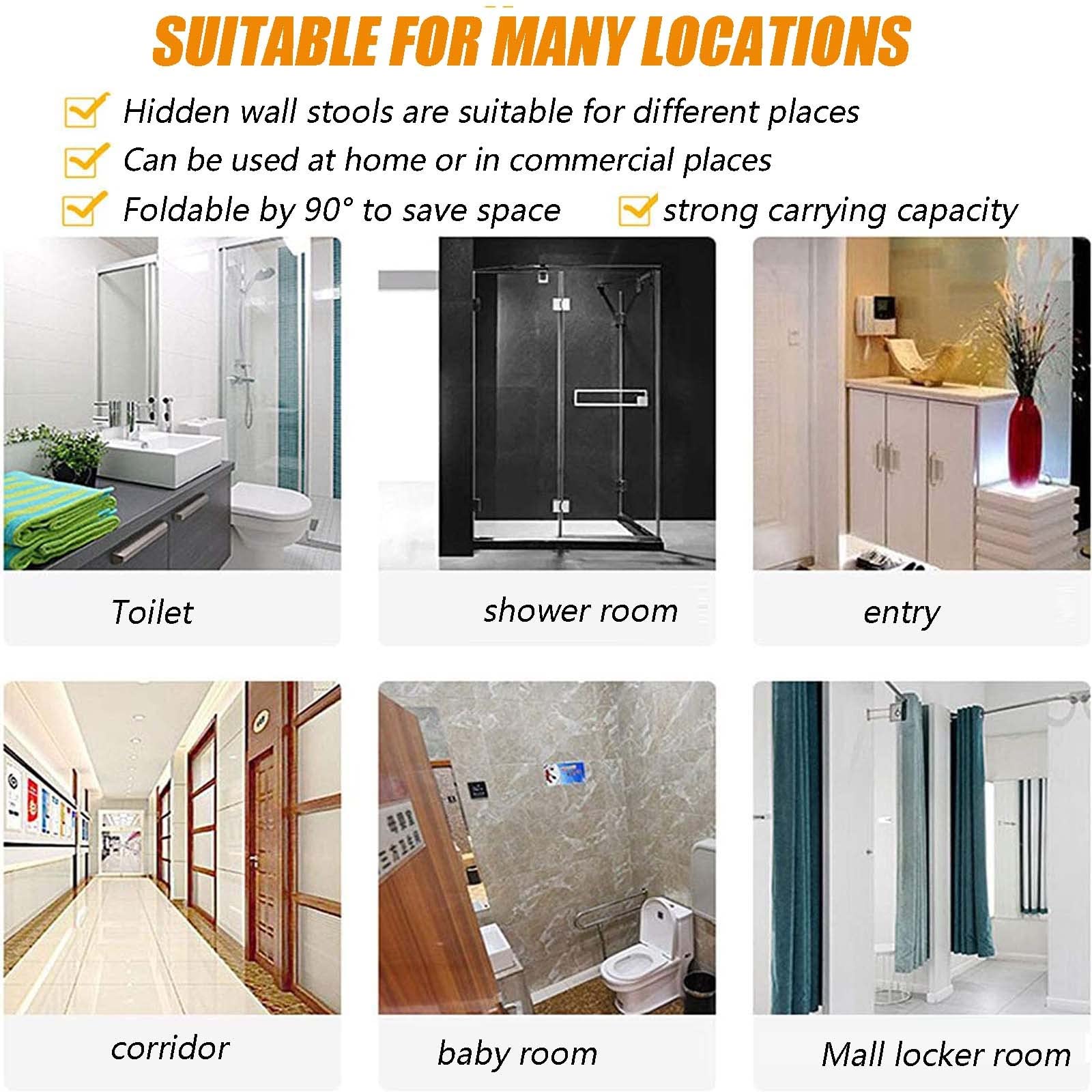 Asiento de ducha, sillas de ducha para ancianos, plegable montado en la pared, adecuado para mujeres mayores/embarazadas/movilidad discapacitada/taburete plegable para discapacitados, C