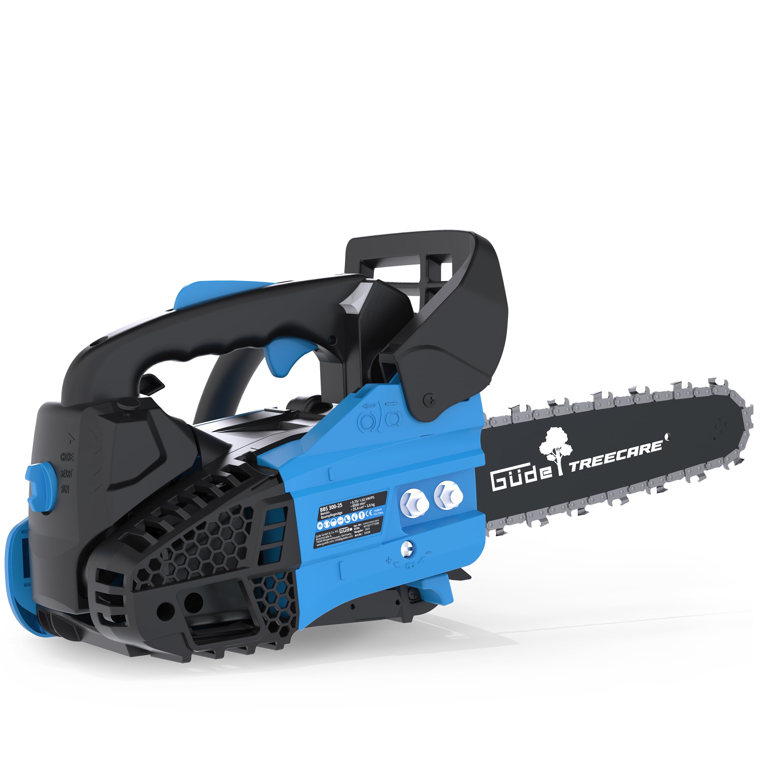 Güde BBS 300-25 Benzin-Baumpflegesäge – 25,4 cm³ Hubraum, 30,5 cm Schnittlänge, 0,75 kW Leistung, 23 m/s Kettengeschwindigkeit, mit Primer, Choke und Schnittgarnitur, für Garten und Baumpflege