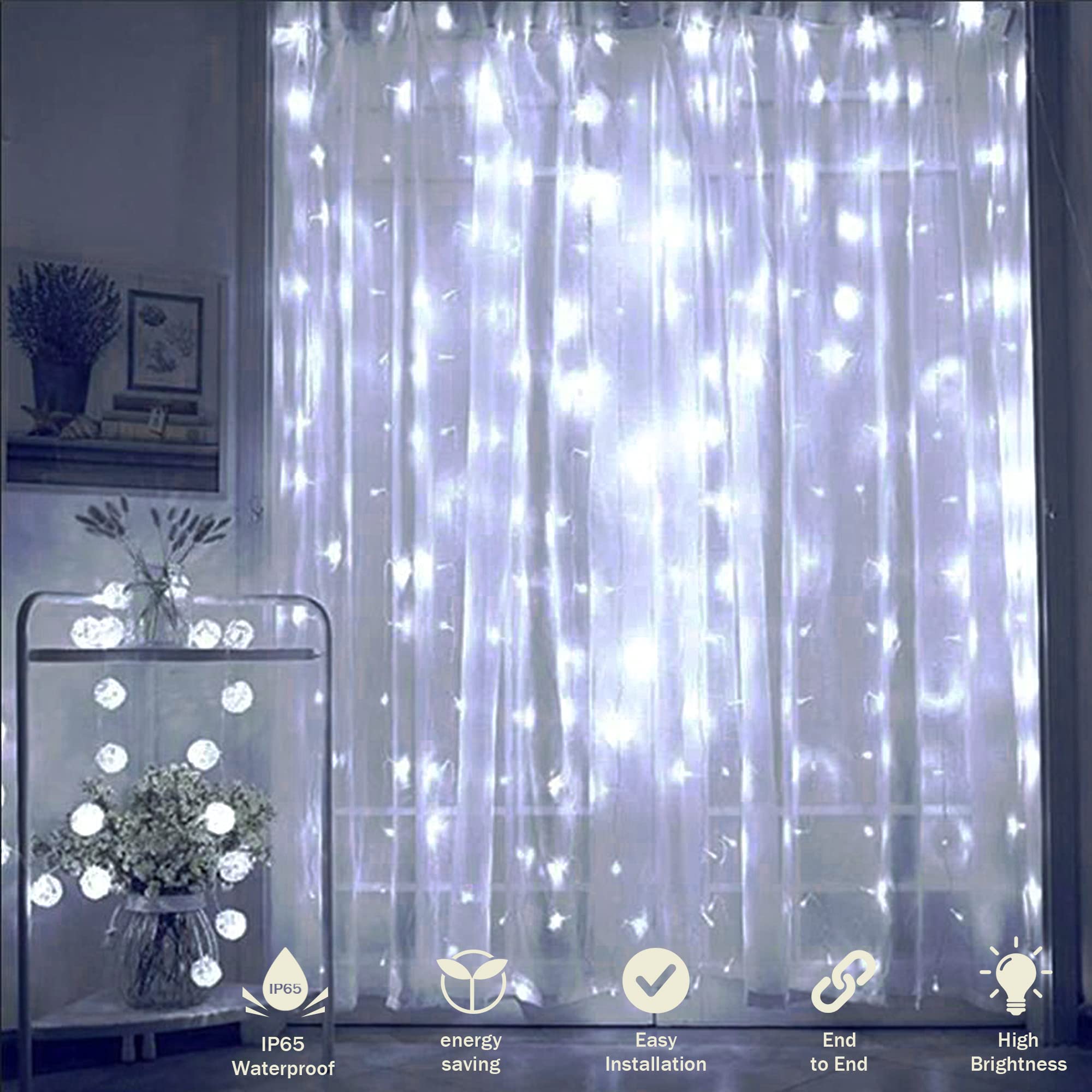 Oopswow 304L Curtain String Lights, 9.8ft x 9.8ft 8 Modes for Bedroom, Hanging Twinkle Fairy Plug-in Window Backdrop for Christmas Party Wedding Outdoor Indoor Wall Decor