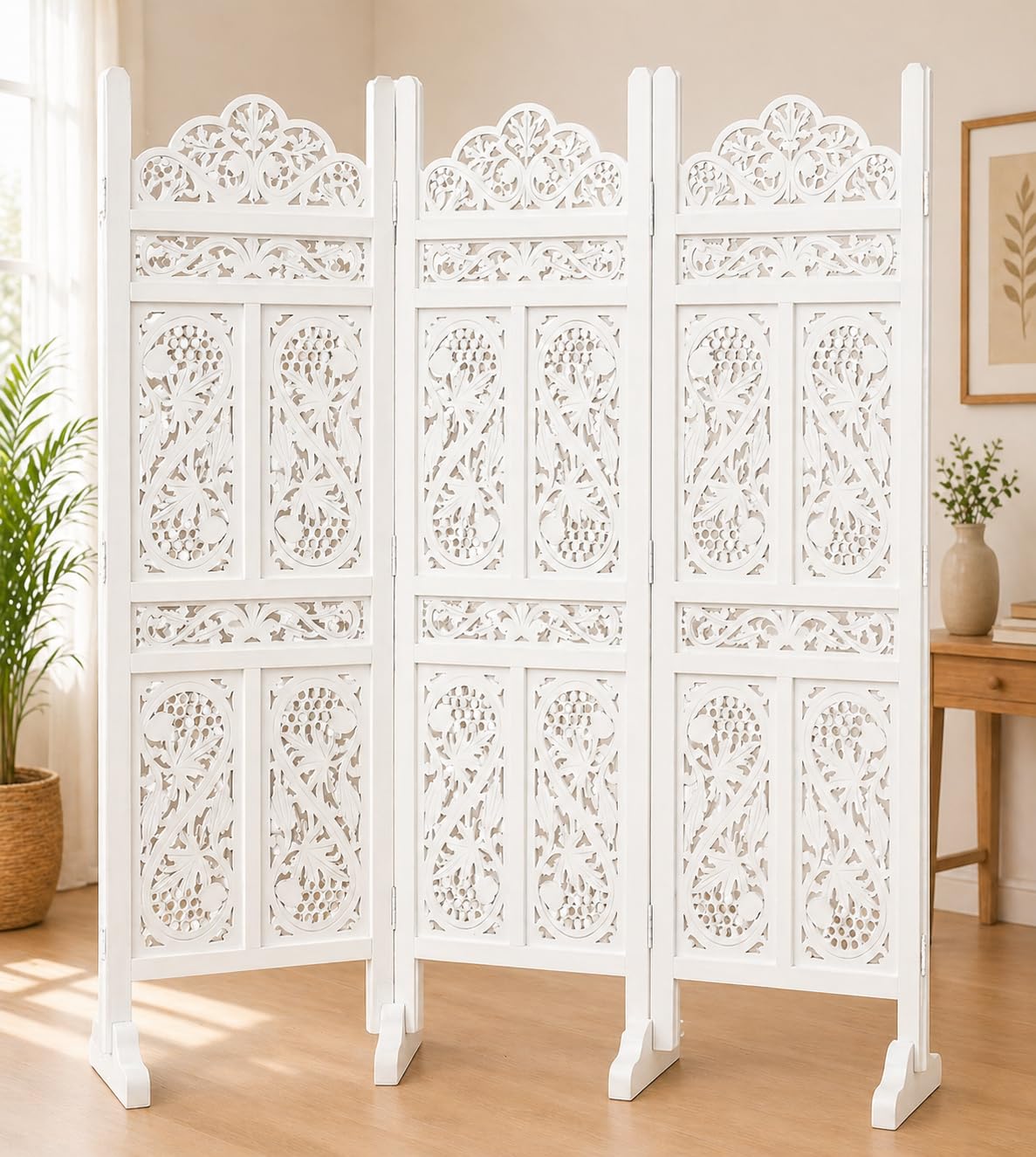 Home & Goods International Wooden Room Divider Partition – 5-FT Folding Privacy Screen Decorative Panel for Home, Office & Studio with SS Design Cutout (3 Panel with Stand - White)-image-9