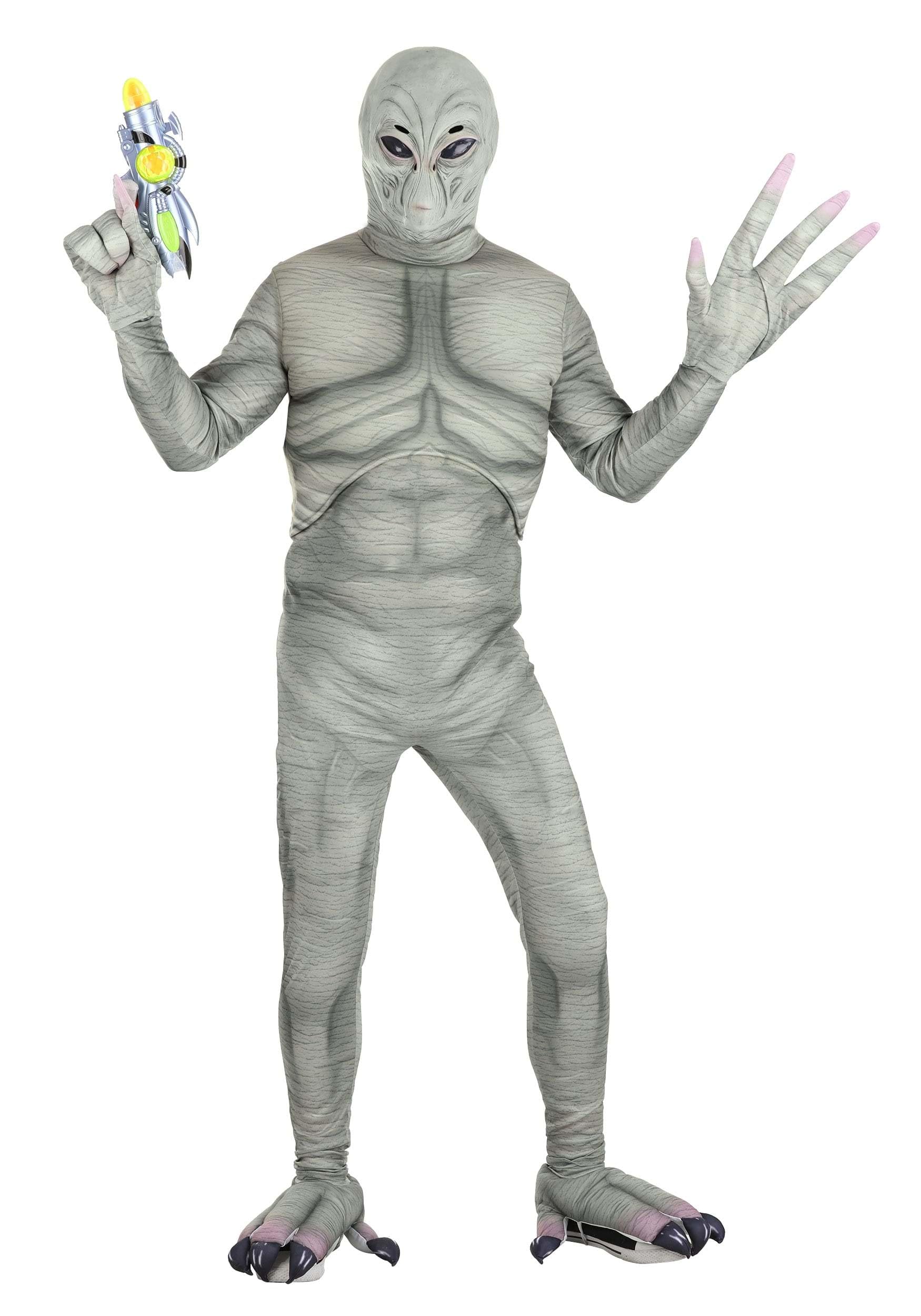 Fun CostumesAdult Alien Costume | Men's Roswell Alien Jumpsuit with Grey Extraterrestrial Mask, Gloves & Shoe Covers for Humans