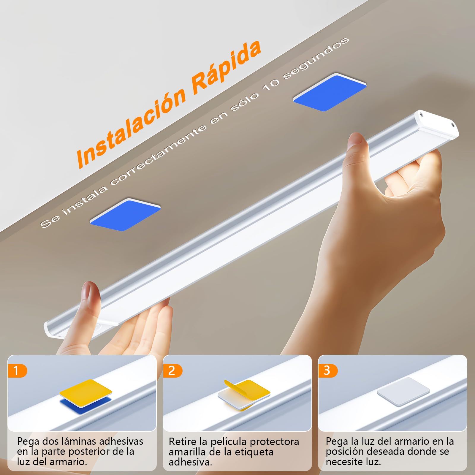 Luz LED Armario 30cm con Sensor de Movimiento 3000mAh USB-C Recargable | 3 tonos de color, batería 3000mAh con carga USB-C, perfecta para cocina, pasillos, escaleras, garajes y sótanos
