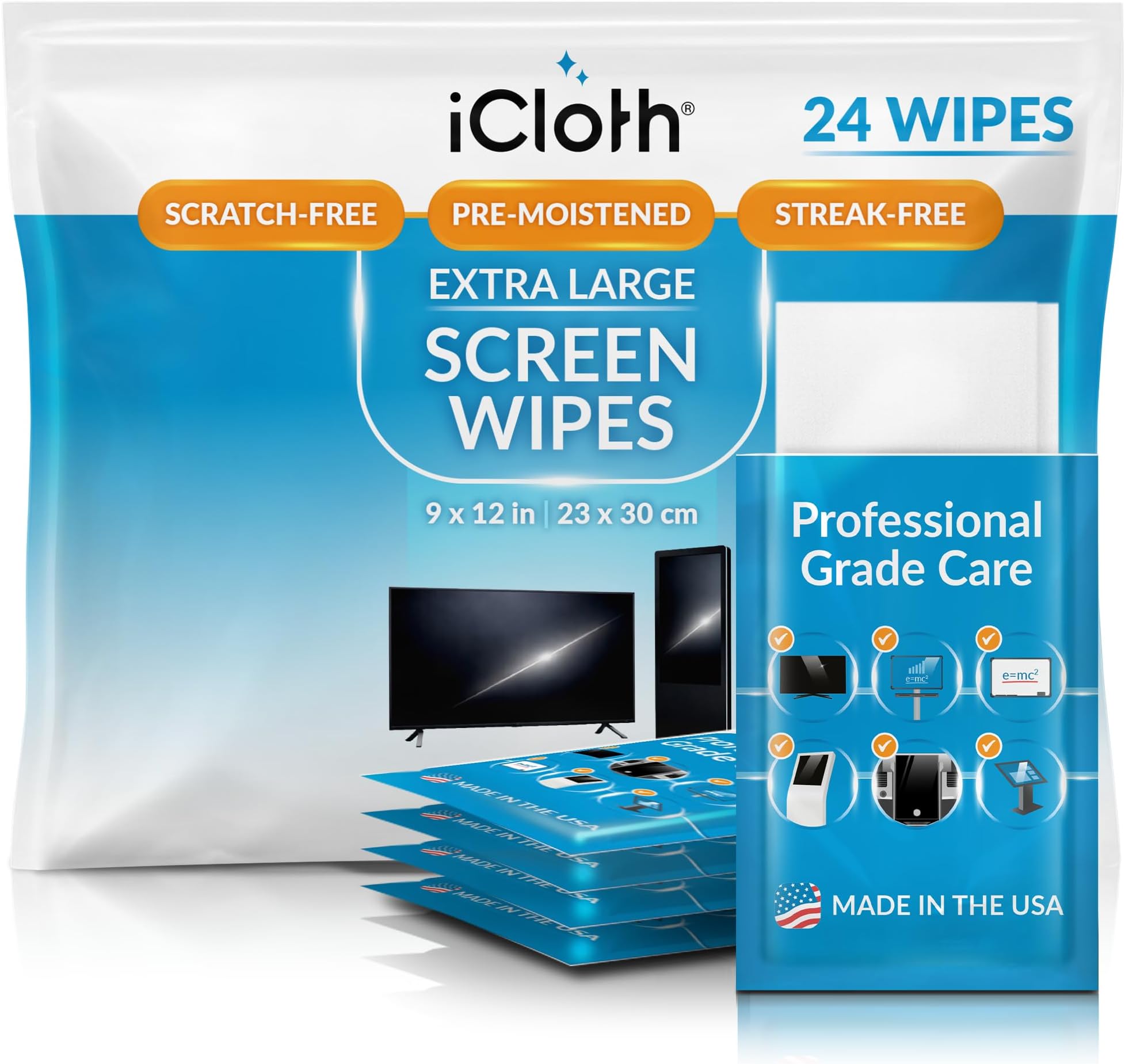 iCloth XL Screen Cleaning Wipes, Lint-Free and Streak-Free, Fast-Drying, Removes Dust, Fingerprints, and Smudges (24 XL Wipes)