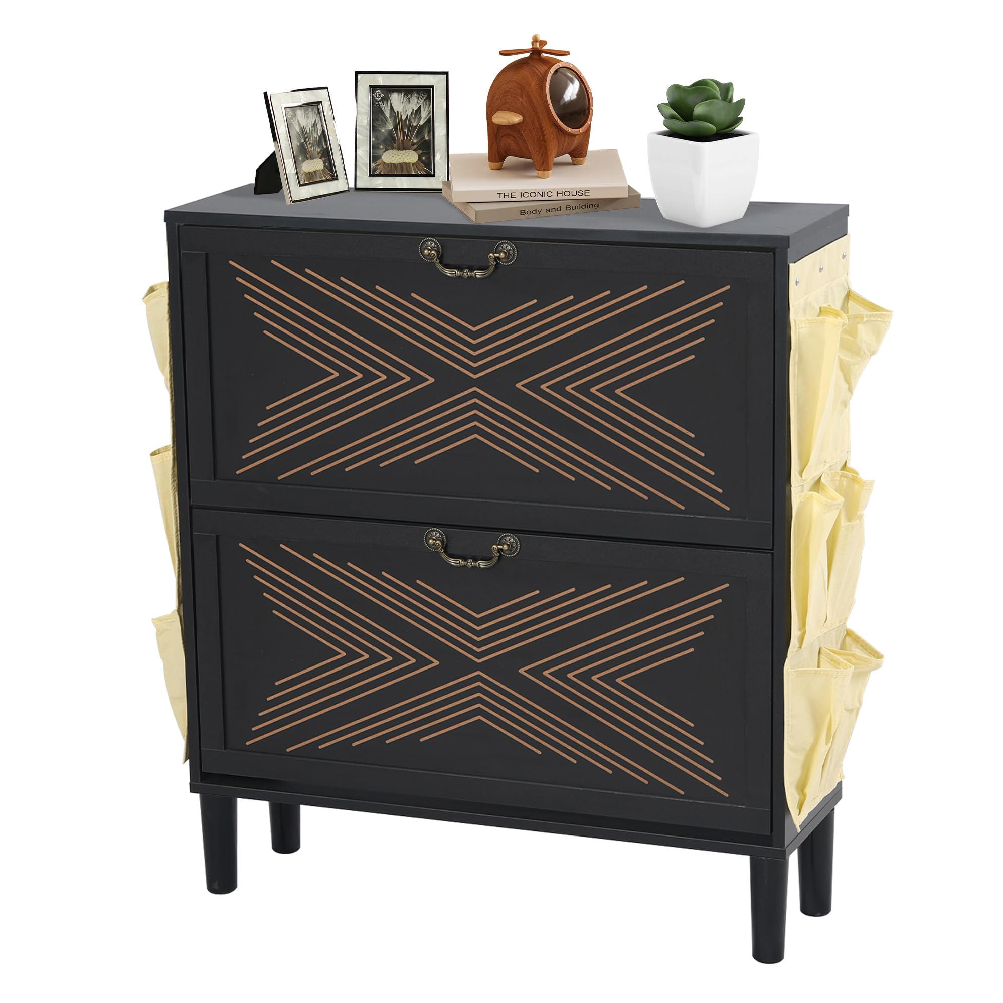 FurSch Black Shoe Storage Cabinet with 2 Flip Drawers,Narrow Shoe Cabinet with 3x3 Storage Pockets on Both Sides for Entryway,Slim Shoe Rack for Front