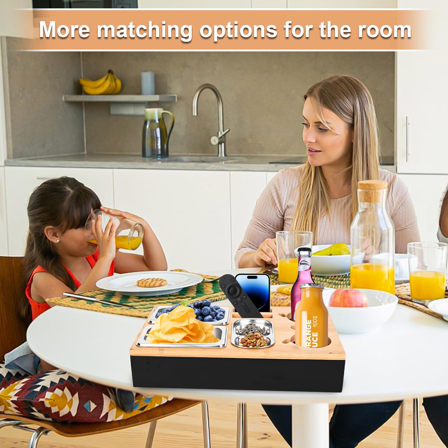 Couchbar Snackbox Schwarz Mit Snackschalen Aus Edelstahl Sofa Tablett Geeignet für Wohnzimmer, Sofa, Garten, Picknickparty (Schwarz)