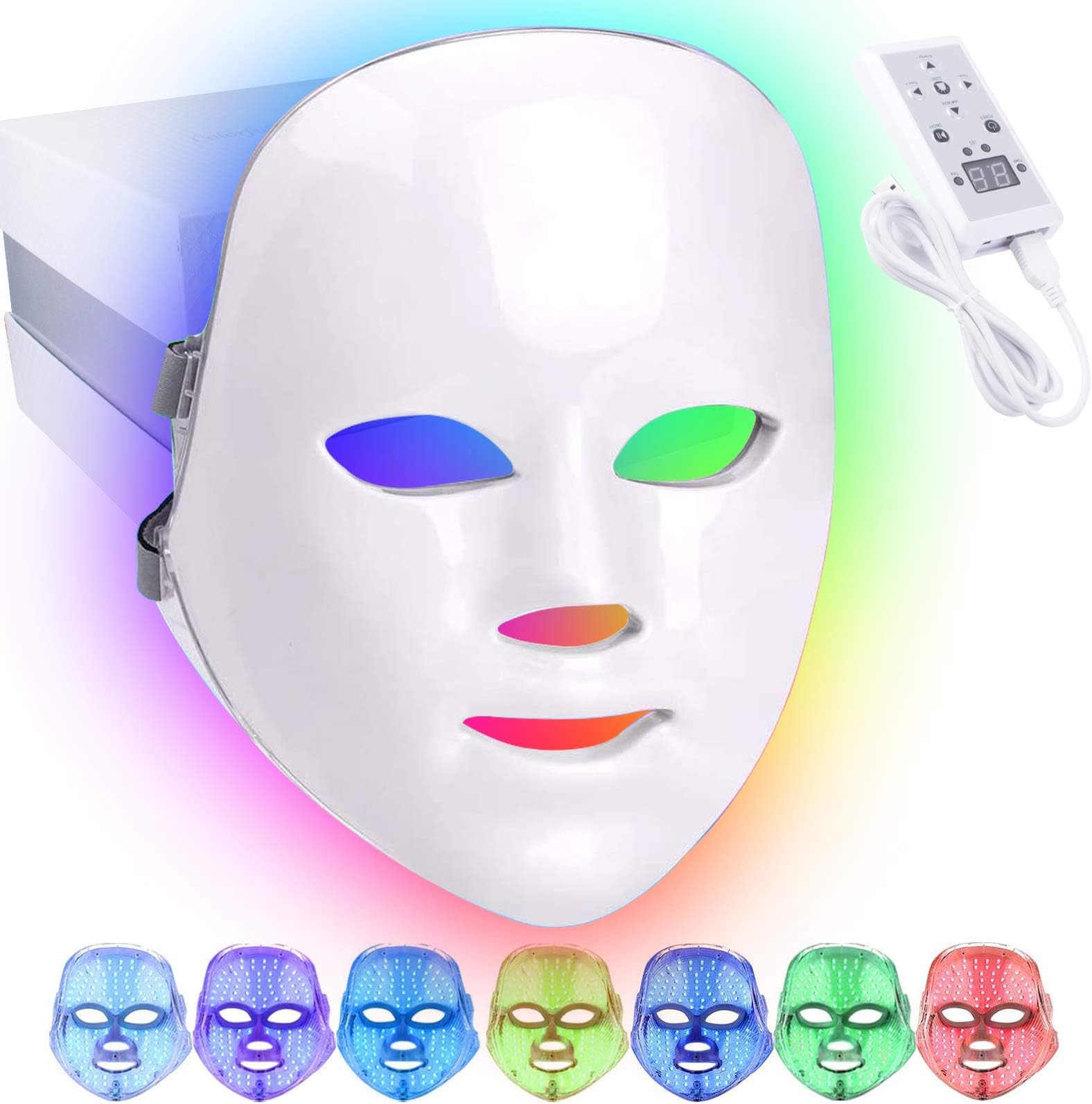 7 Color LED Facial Mask, Skin Care Therapy Light Photon Mask for Rejuvenation Face Anti-aging Spot Scar Removal Smooth Wrinkles Fine Lines Skin Tightening