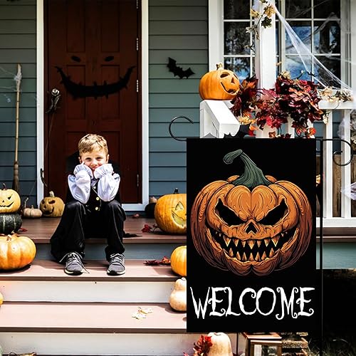 Miniatura 7 de Bandera de bienvenida de Halloween de 12 x 18 pulgadas, decoración de césped de arpillera vertical de doble cara de calabaza aterradora para