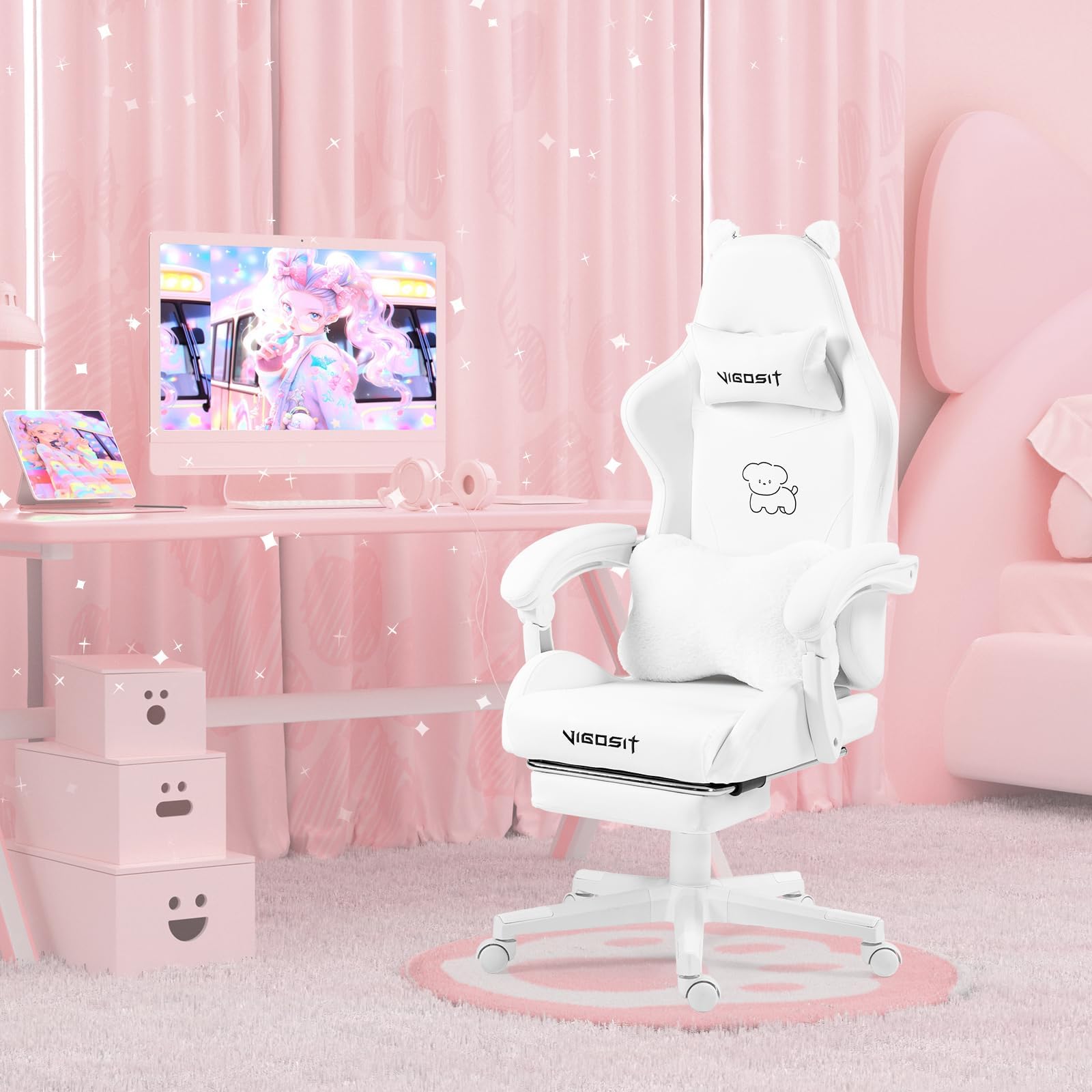 Vigosit White Dog Gaming Chair with Footrest, Ergonomic Cute Gamer Chair for Girls and Women, Comfortable Desk Computer Chair Adults Teens