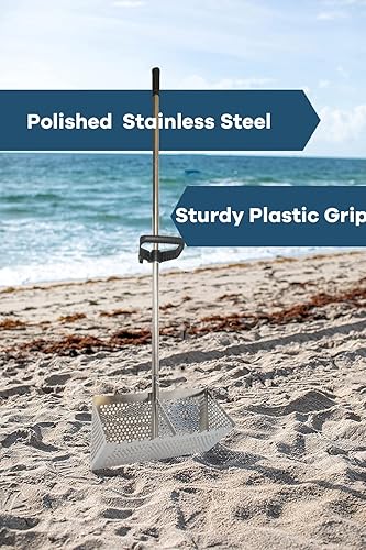 Miniatura 3 de Rastrillo de pulgas de arena, tamiz de arena de acero inoxidable, mango largo desmontable de 47 pulgadas, tamiz de dientes de tiburón plegable para