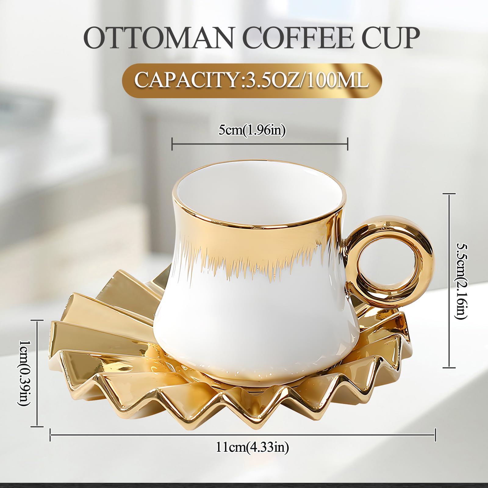 AstraLoom 6-Piece Ottoman-Style Turkish Coffee Cup Set with Saucers, 3.5oz Ceramic Espresso Cups, Gold-Plated Rim, White & Gold Design, Black Gift Box with Window, Ideal for Turkish Coffee, Espresso