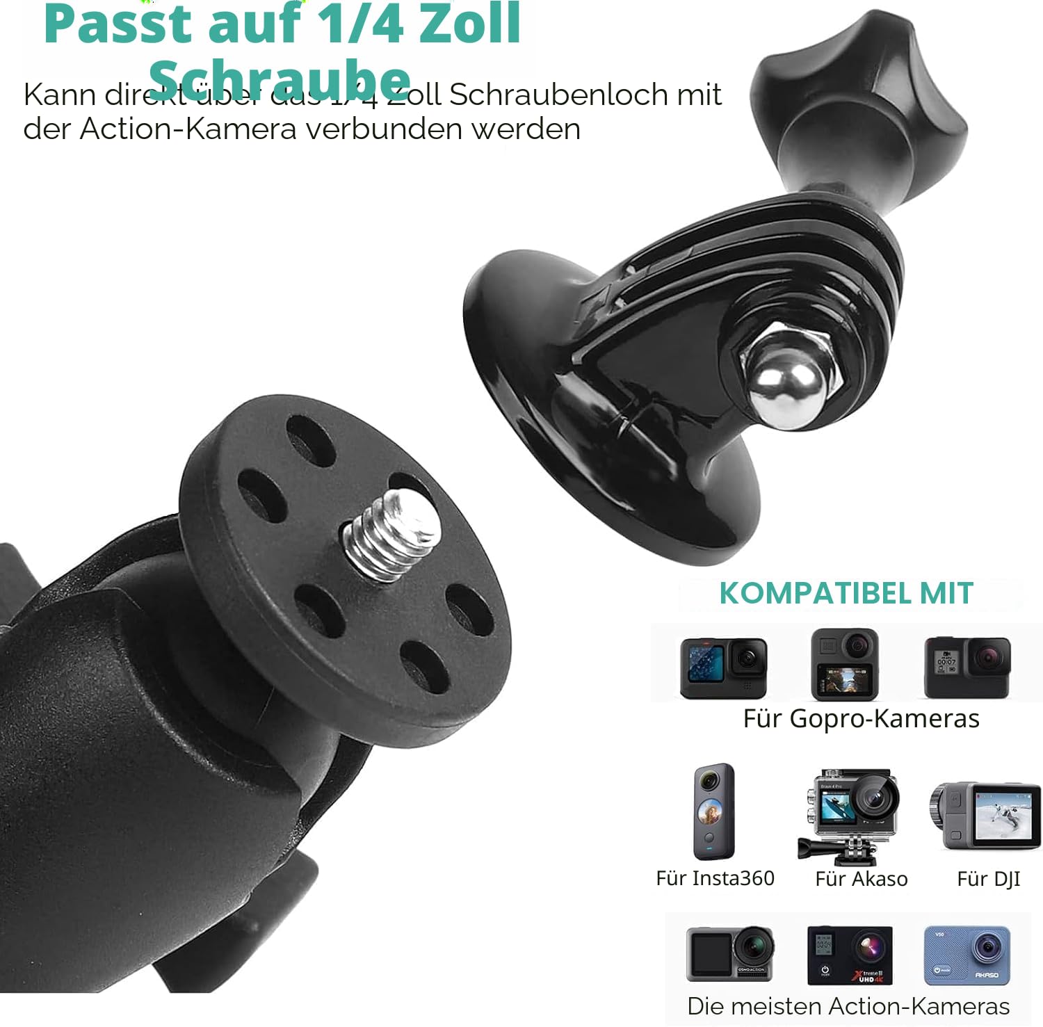 UNSTINCER Action Kamera Halterung für 8–35mm Stange für GoPro Hero 13 12 11 Insta360 X5 X4 X3 DJI Osmo, Motorrad Spiegel Fahrrad Lenker Halter mit 1/4–20 Gewinde und Aktion Cam Adapter