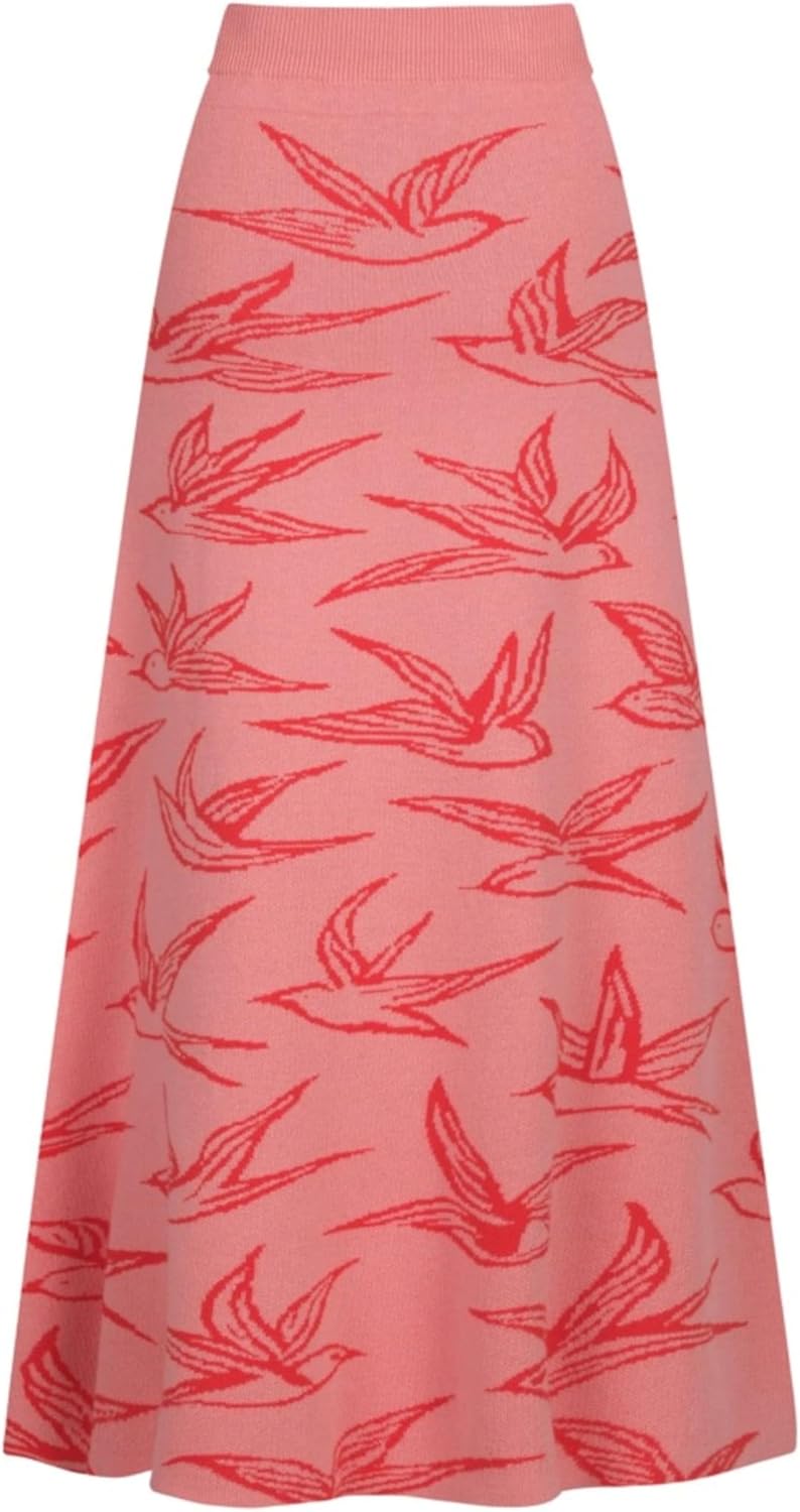 OXKnit Knittd Midi Skirts for Women, 1960s Mod Style Casual Retro Birds Pattern High Waist A Line Cotton Pink Skirts - Image 2