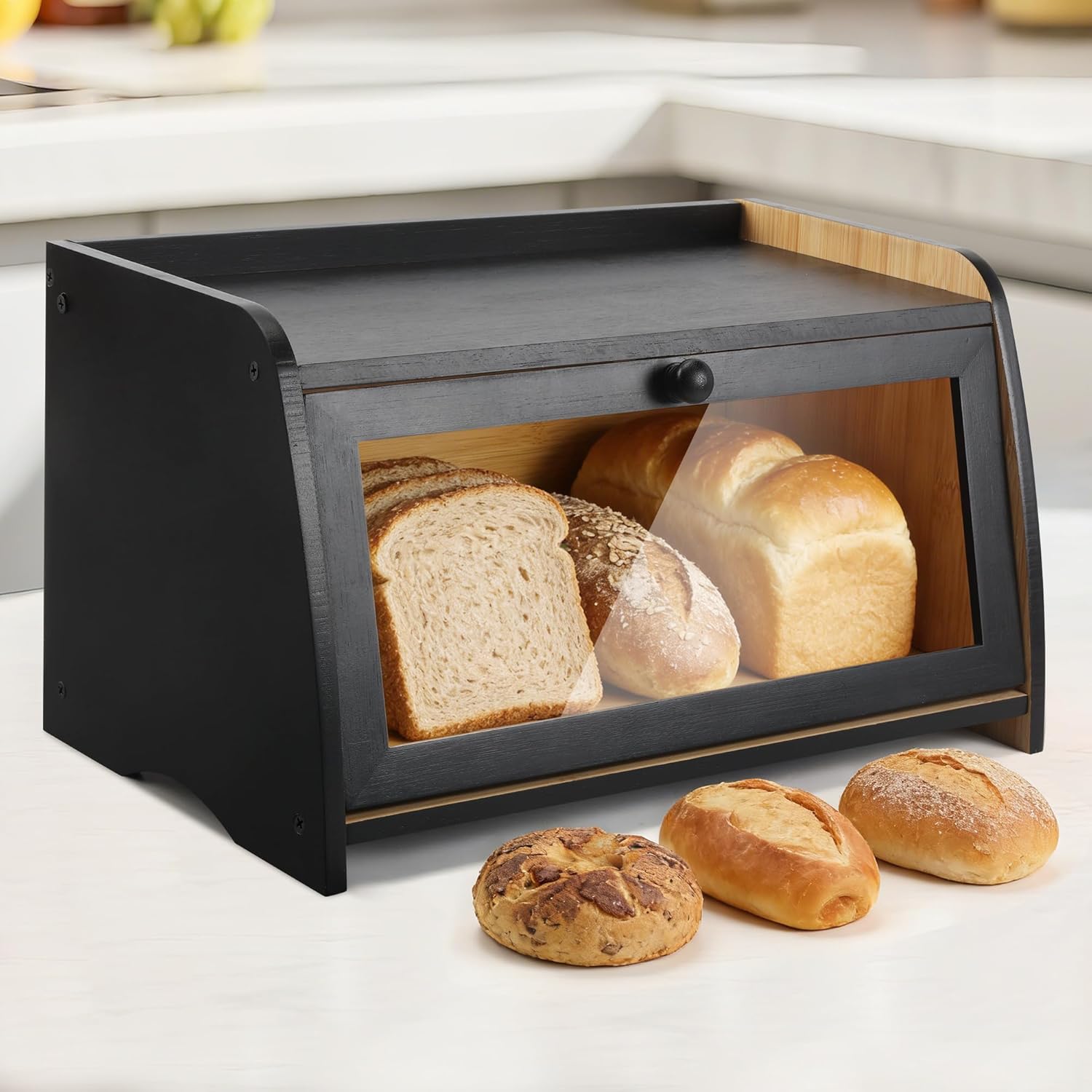 Bamboo Bread Box for Kitchen Counter - Large Breadbox for Countertop Organizer - Bread Storage Boxes Container Bin for Homemade Bread - Natural Bamboo