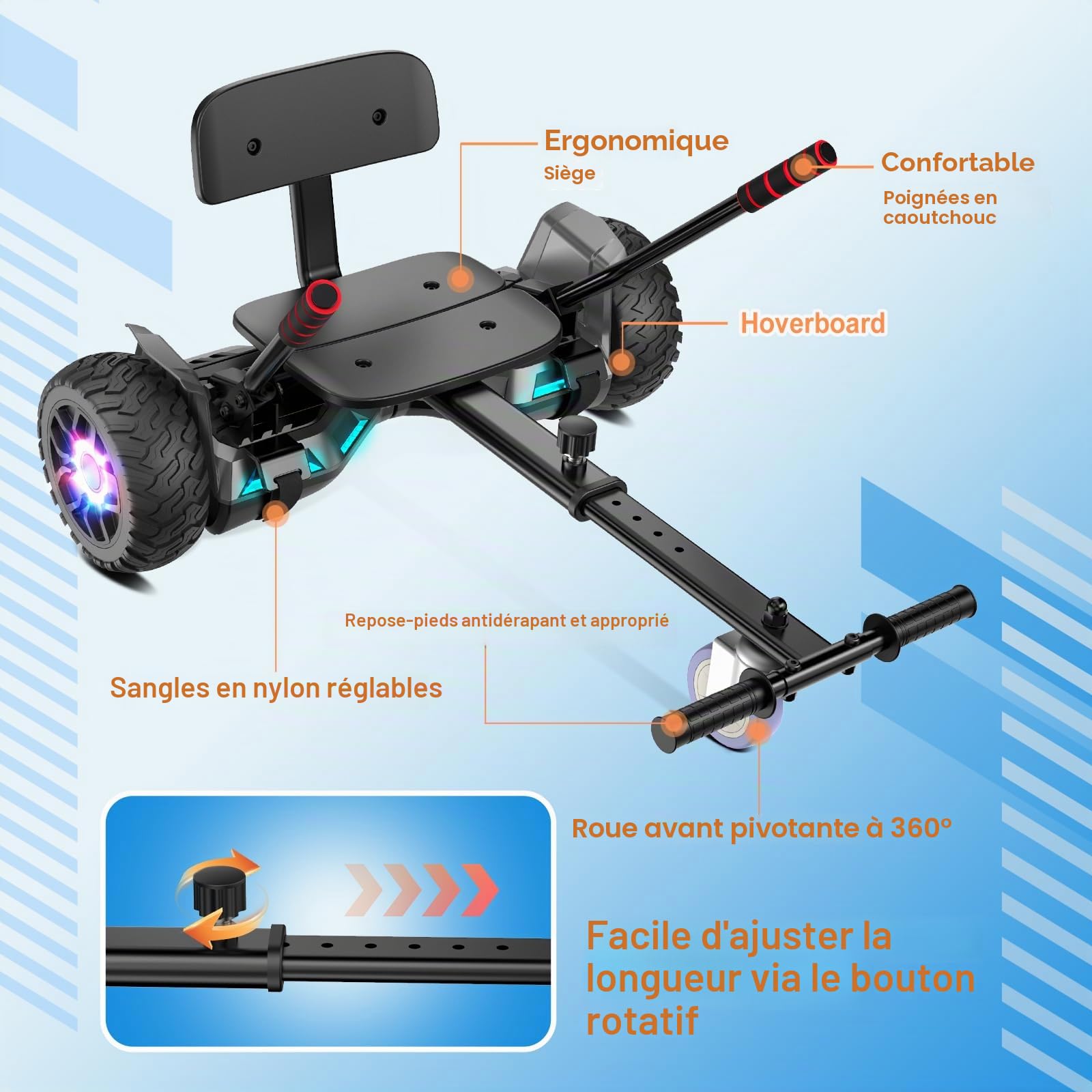 Scooter avec siège, 8,5" Hoverboard Go Kart Combo avec lumières LED colorées et Bluetooth, pour enfants, filles, adultes, tous âges
