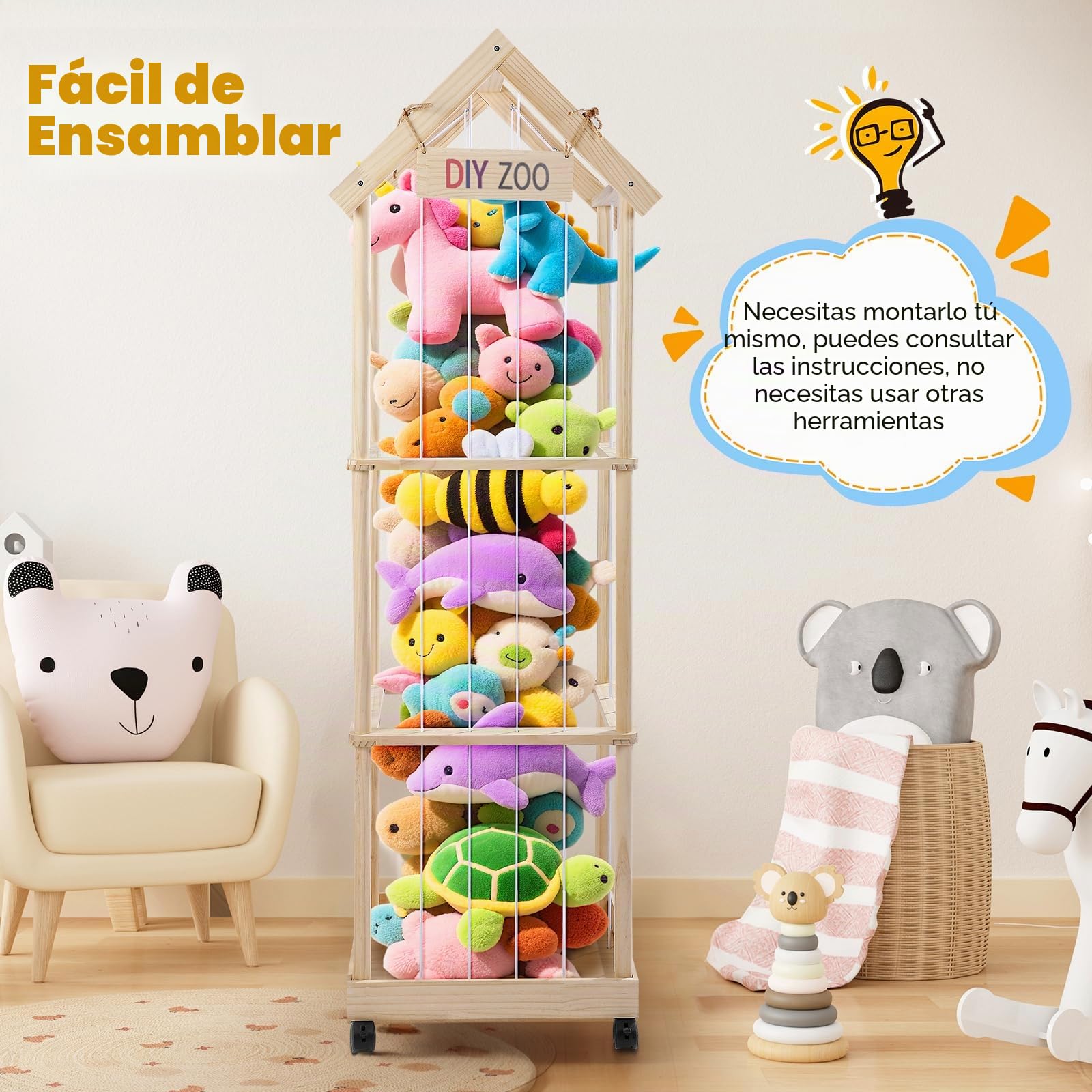Caja de Almacenamiento para Peluches, 146 47x35CM de Madera Maciza con Ruedas Giratorias Bloqueables de 360°, Ideal para Habitaciones de Bebés, Salas de Estar