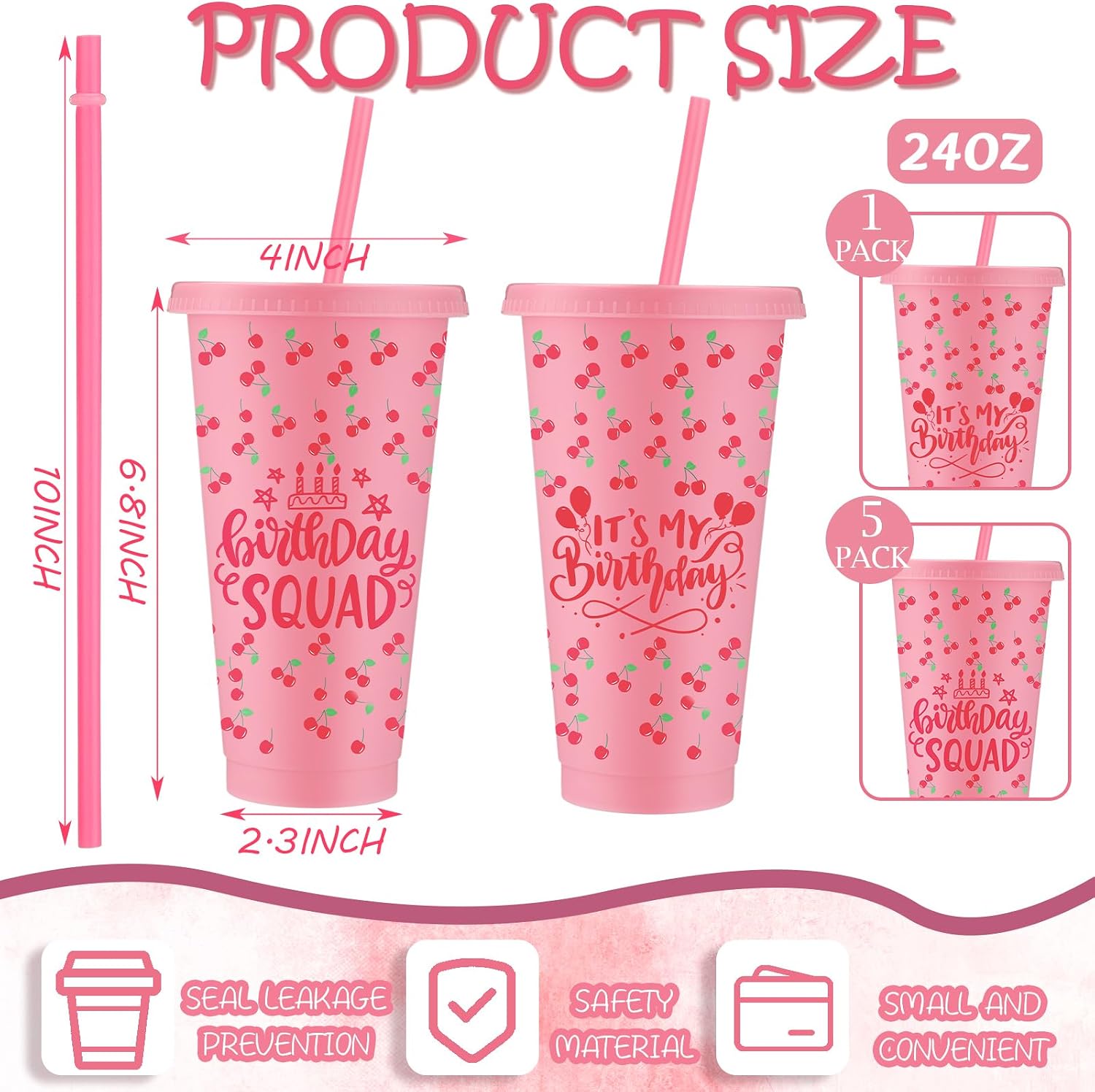 Jingmore 6 Pcs Cherry Birthday Party Cups 24 oz with Lids,Bright Pink | Reusable Plastic Tumblers for Squad Celebrations, Berry Fruit Theme Decorations, Drinking Set with Straws, Favors Gift