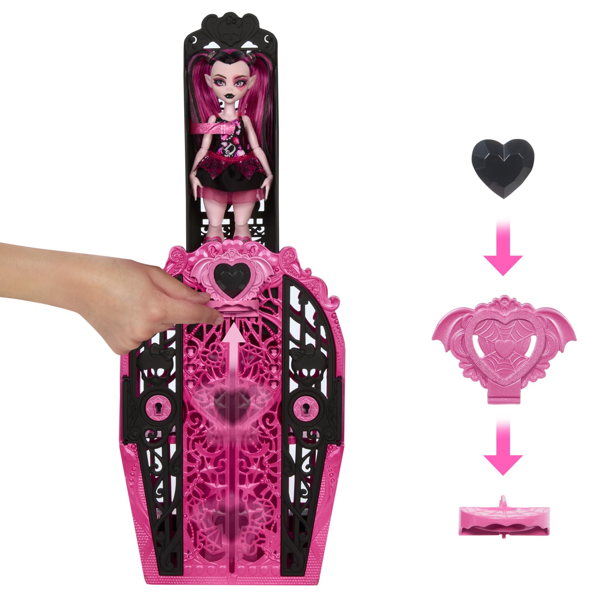Monster High Straszysekrety Draculaura Seria 4 Potworne zagadki Zestaw z lalką, szafą i ponad 19 niespodziankami, w tym ubrankami, HXH84