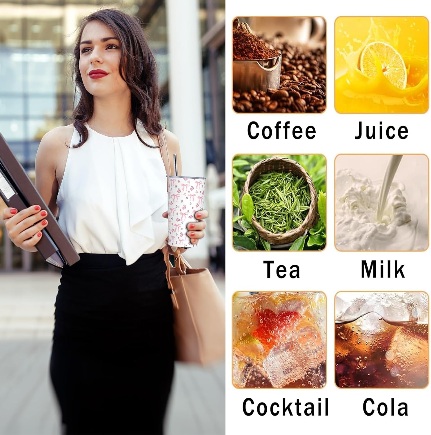 Pink Bow Tumbler 20 OZ with Lid and Straw, Insulated Tumbler Mug Cup, Pink Bow Gifts for Men Women - Image 5