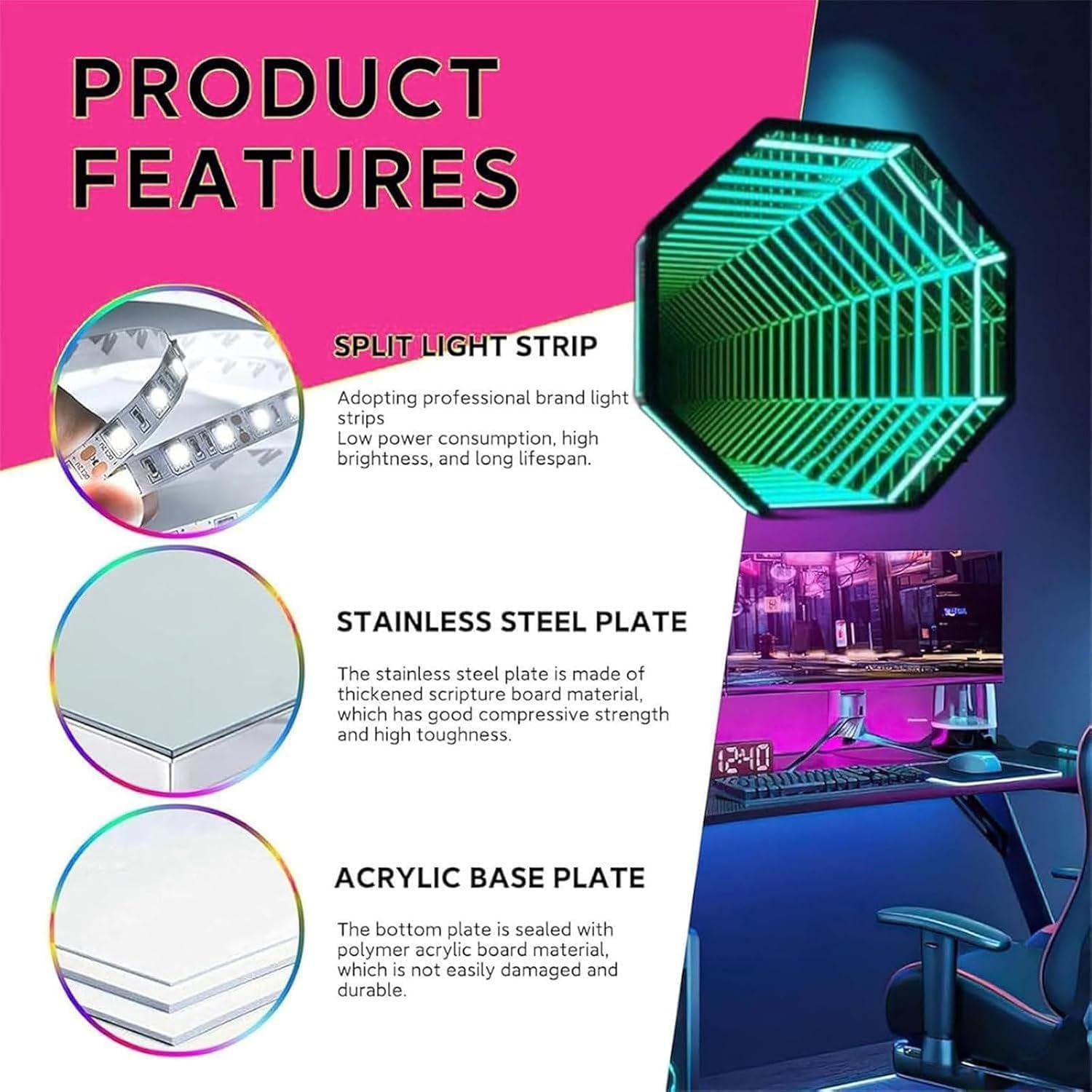 RGB Infinity Mirror Licht, Smart Farbwechsel LED Wanddekoration mit Fernbedienung & App, Dual-Funktion Spiegel und Ambient Light für Schlafzimmer Gaming-Zimmer Wohnzimmer Bar,C-50CM