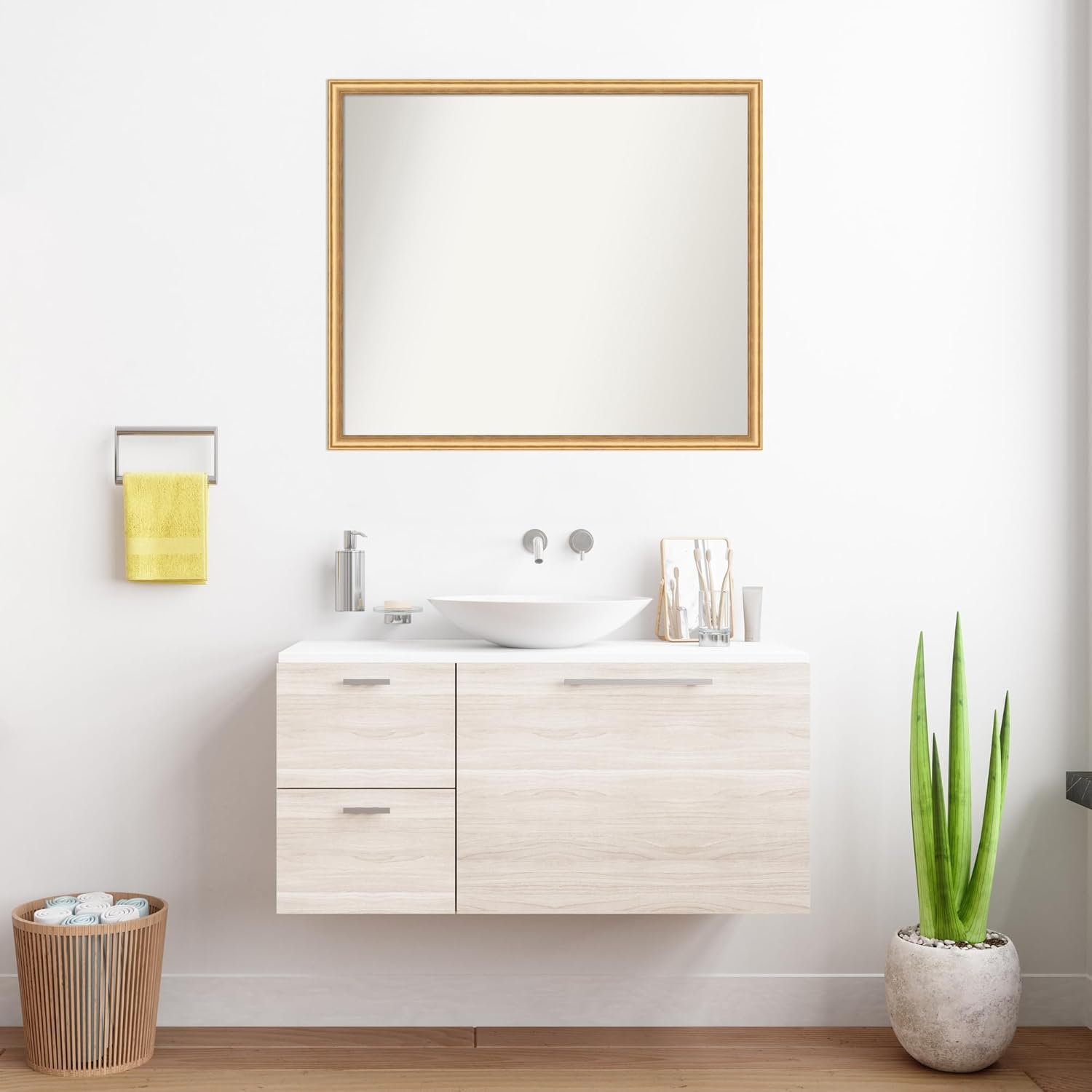 Amanti Art Gold Bathroom Mirror for Over Sink, 32x32 Custom Made Grace Brushed Gold Narrow Square Vanity Mirror, Large Casual Wood Frame, Hangs Horizonally and Vertically, Wall Decor