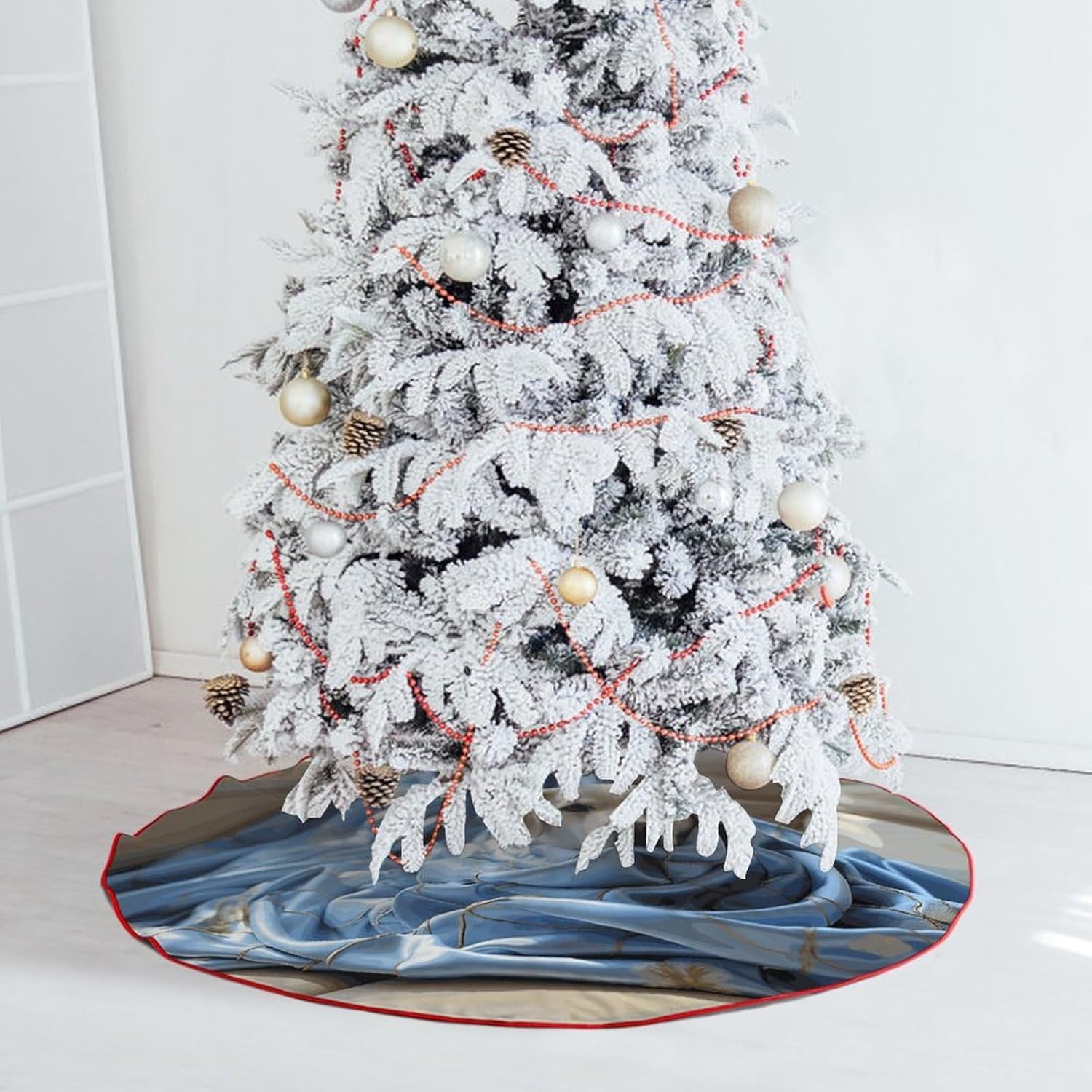 Christmas Tree Skirt,for Xmas Tree Holiday Party Decorations Dog Wrapped in Blanket Printed Christmas Tree Mat Red Lace-up Christmas Tree Dress