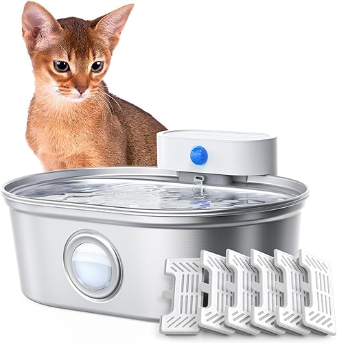 uahpet Fuente de agua inalámbrica para gatos de acero inoxidable Pro, bomba externa a batería, dispensador de beber para perros con ventana de nivel