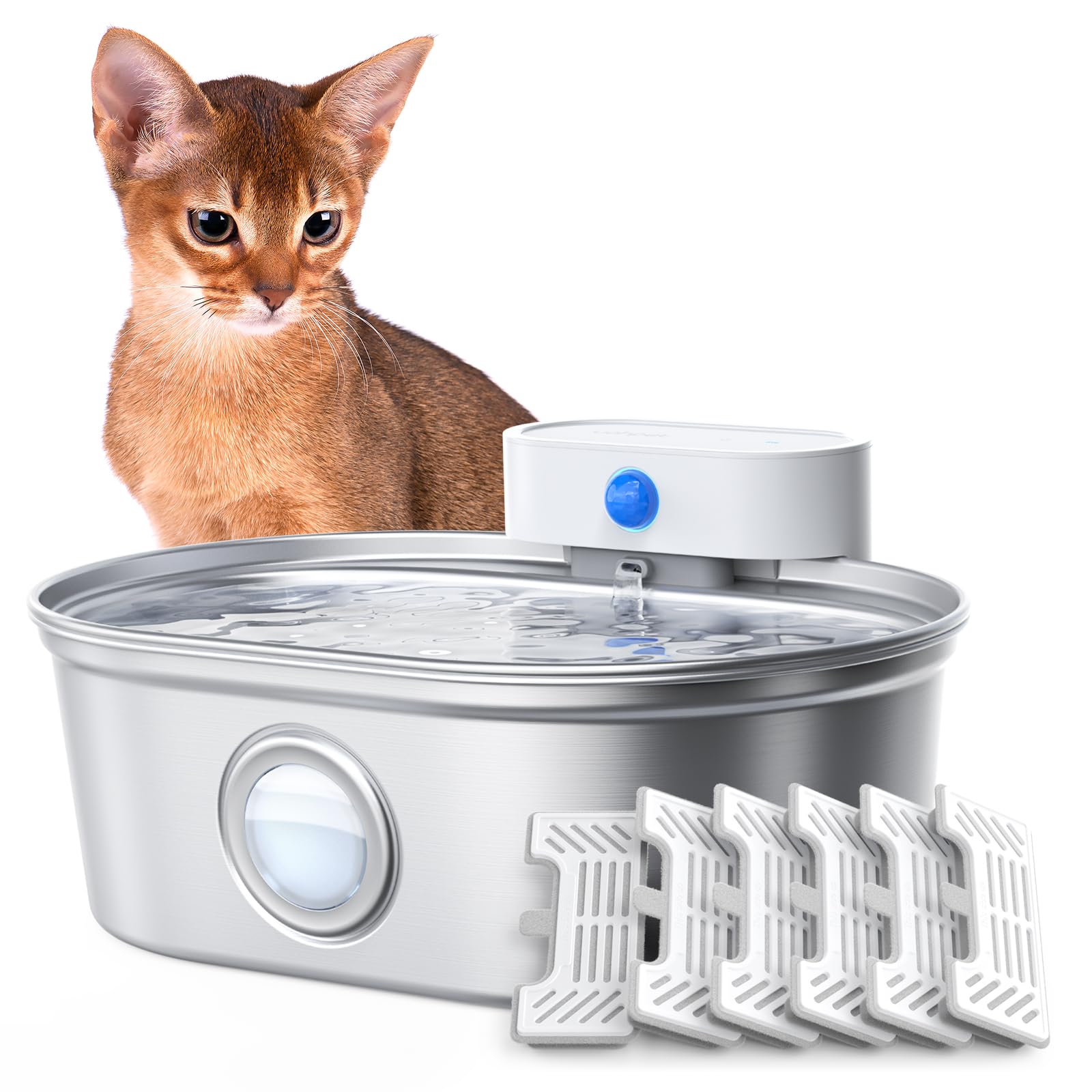 uahpet Wireless Cat Water Fountain Stainless Steel Pro, External Pump Battery Operated Pet Waterer, Dog Drinking Dispenser with Water Level Window, 67oz/2L