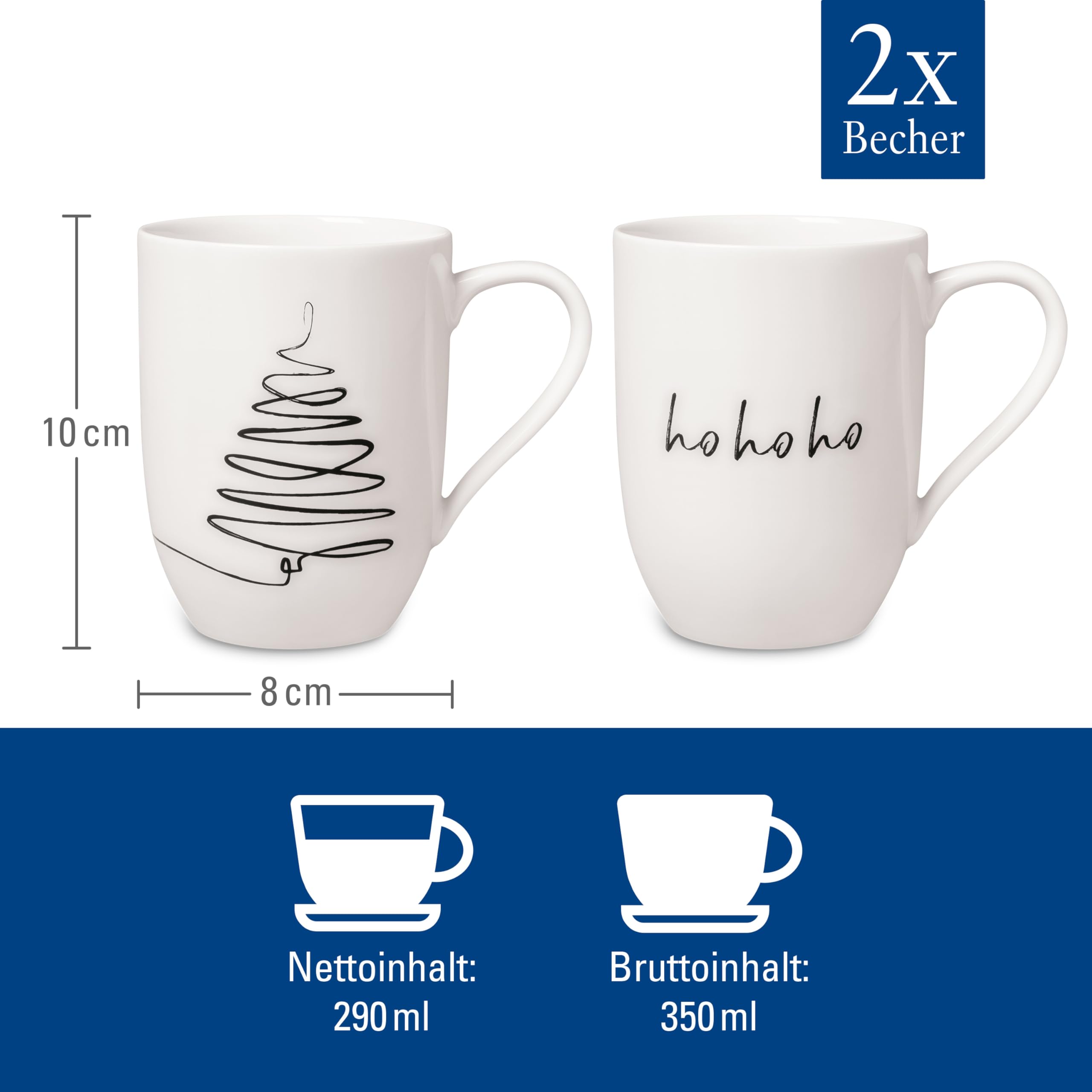 Villeroy & Boch – Statement Tassen Set Tannenbaum 2 teilig Weihnachten, Weiß, Schwarz, Spülmaschinenfest, Mikrowellensicher, Weihnachtassen, Weihnachtsbecher, Christmas Mug, Premium Porcelain