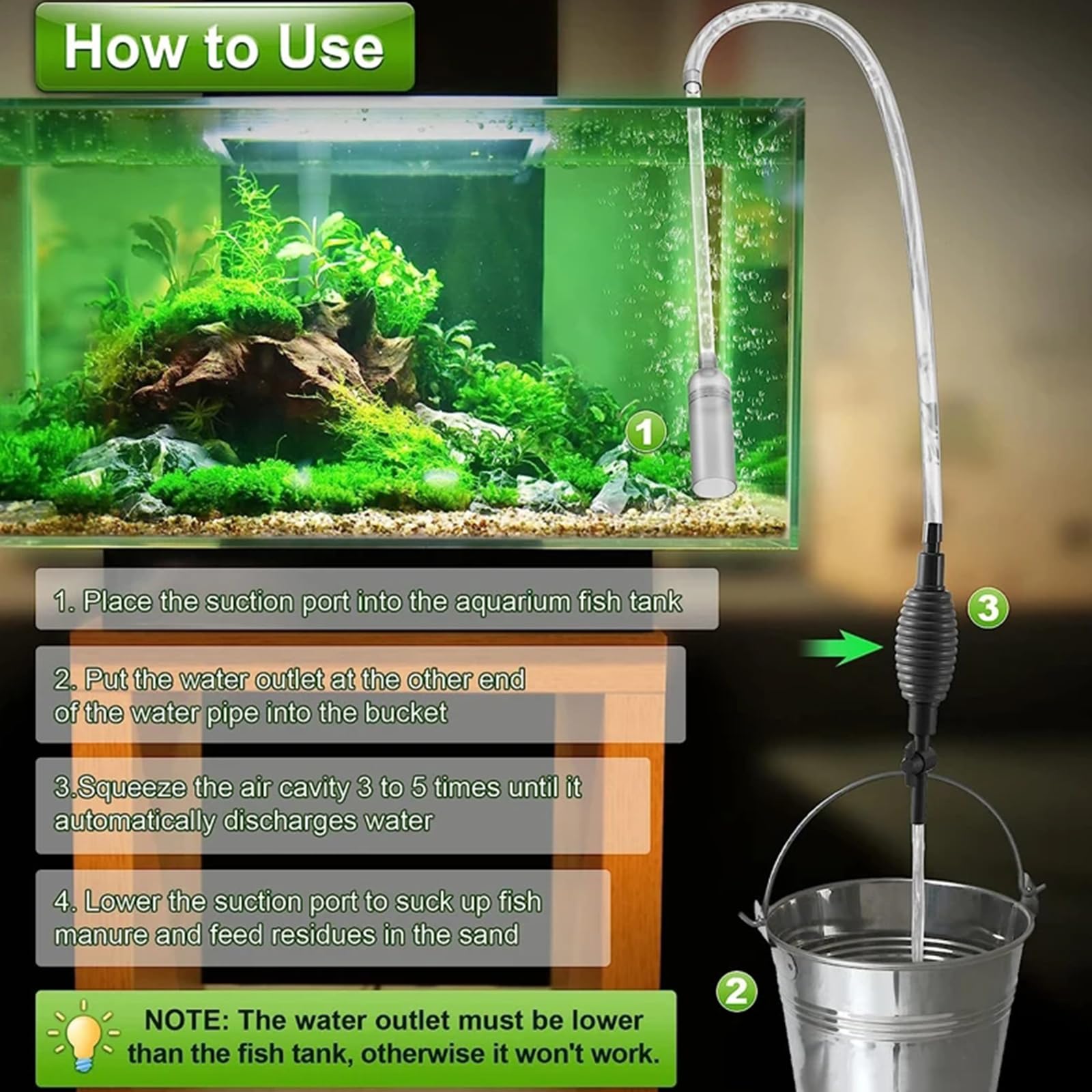 Sifonador Acuario para Cambio de Agua,Sifón Acuario,Cambiador de Agua de Acuario,Cambiador De Agua,Limpiador de acuarios,Con 2 cabezas de succión y pinzas de tubería para limpiar y reemplazar el agua