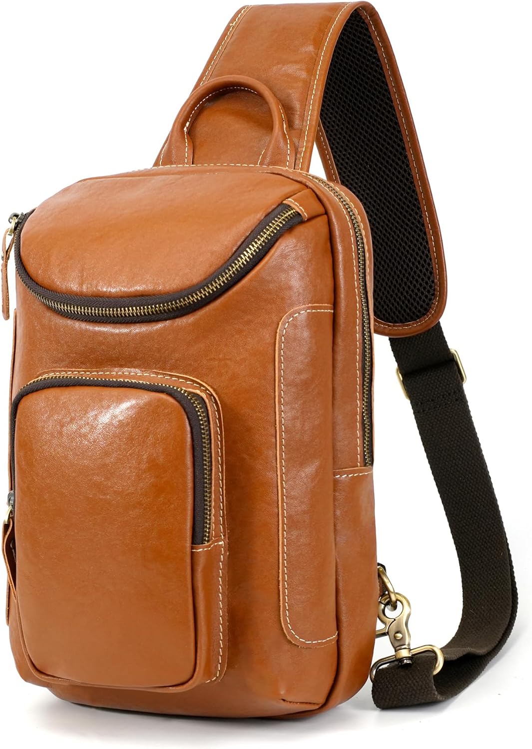 LANNSYNE Full Grain Leather Sling Bag For Men, Crossbody Chest Daypack Fits 10.5" iPad, Men’s Crossbody Bag